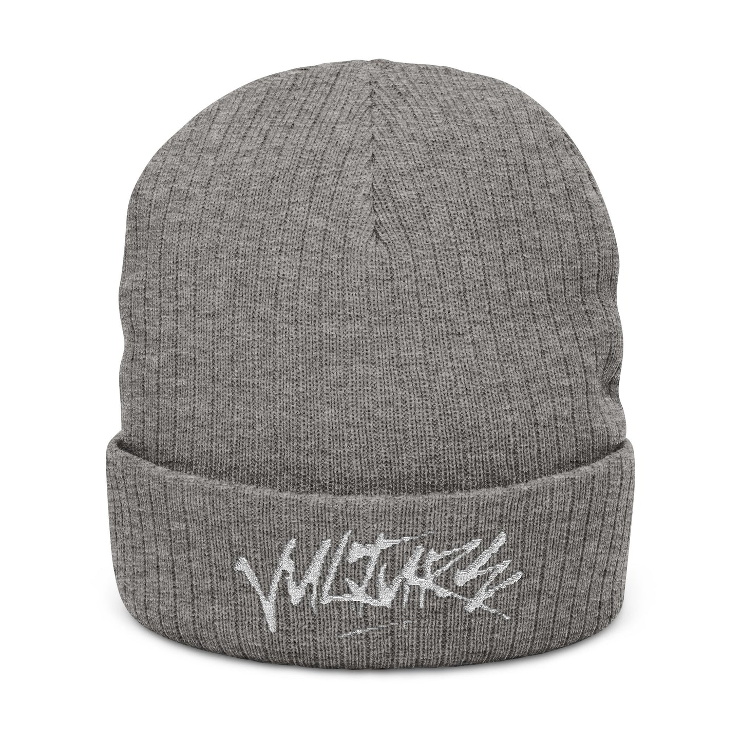 Embroidered Ribbed Beanie — Streetwear Black Knit Hat with White Graffiti Text