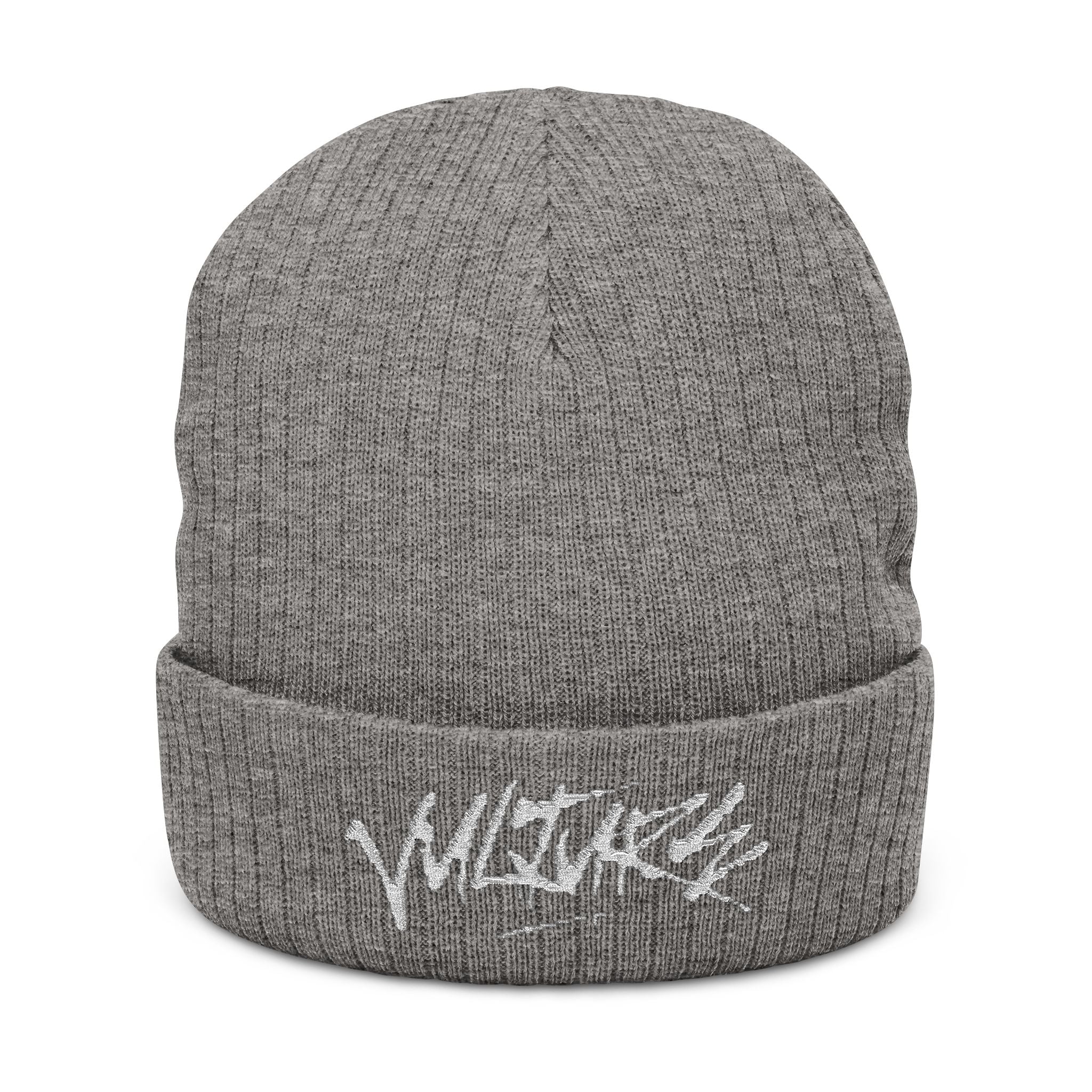 Embroidered Ribbed Beanie — Streetwear Black Knit Hat with White Graffiti Text