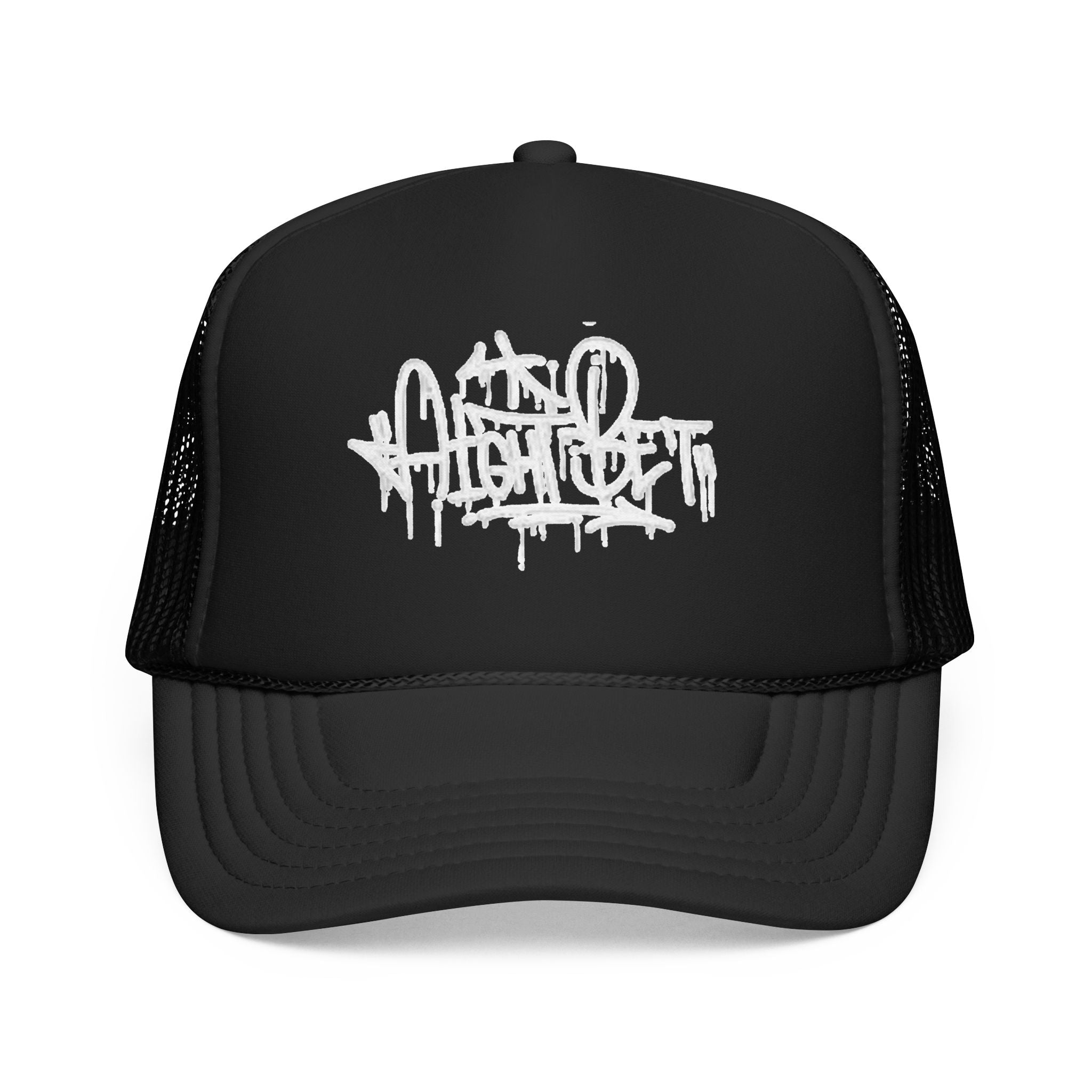 Graffiti Script Trucker Hat — White Drip Logo Foam Cap