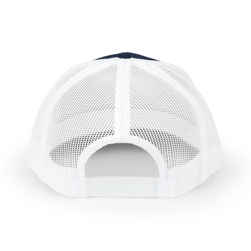White Trucker Cap with 'Vibrate' Script Embroidery — Retro Mesh Snapback Hat
