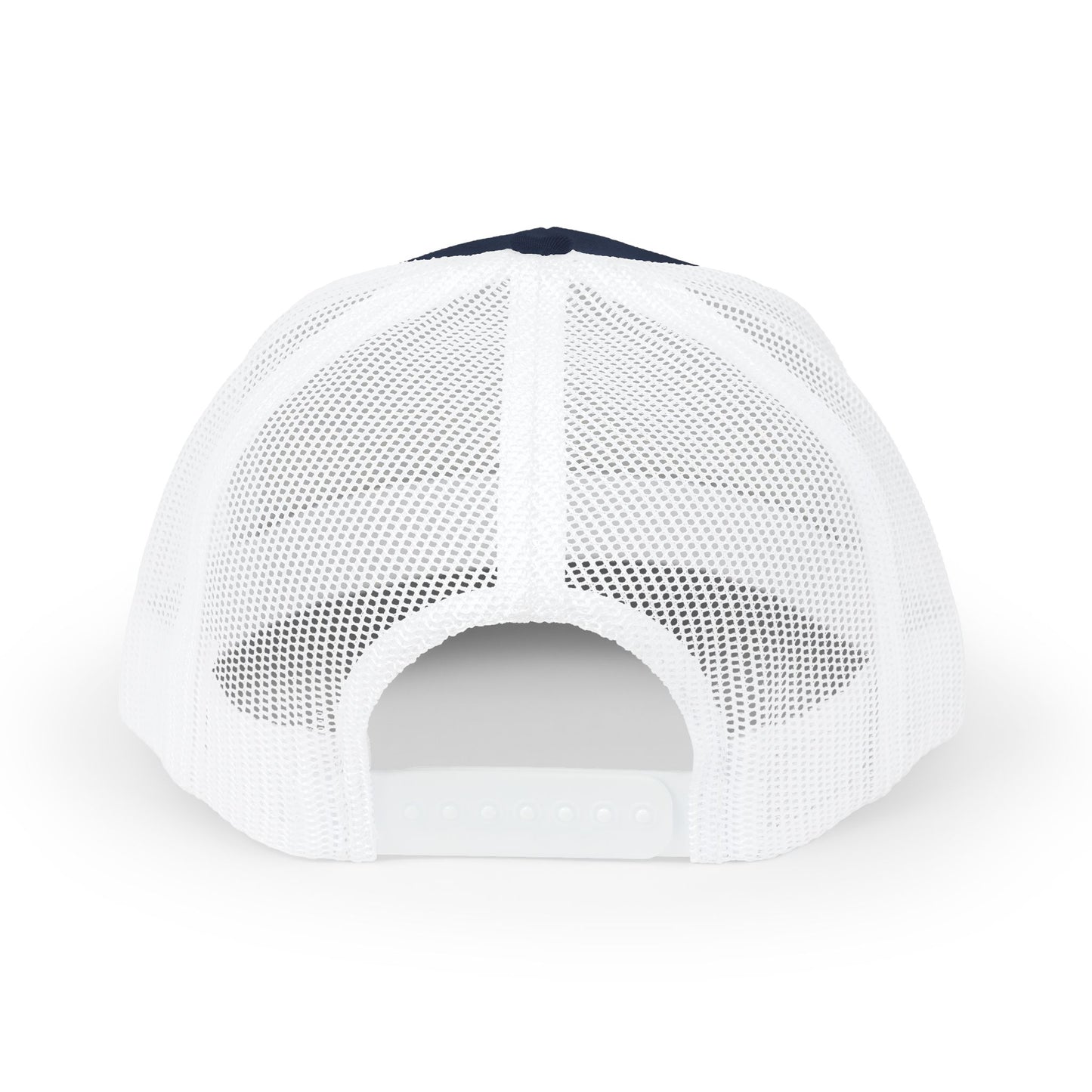 White Trucker Cap with 'Vibrate' Script Embroidery — Retro Mesh Snapback Hat