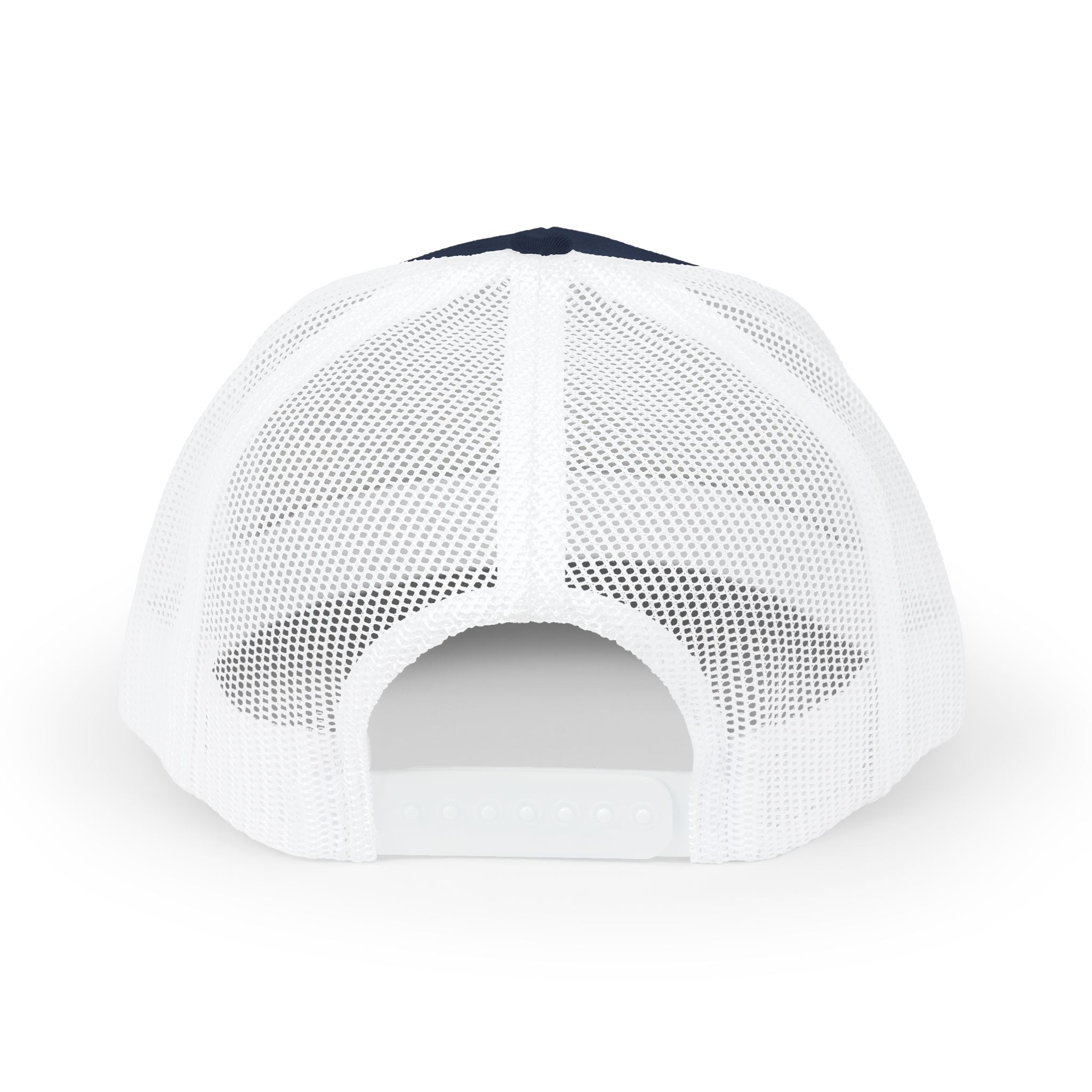 White Trucker Cap with 'Vibrate' Script Embroidery — Retro Mesh Snapback Hat