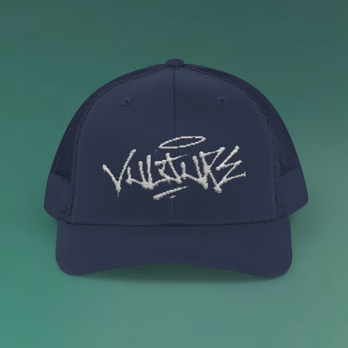 White Trucker Cap with 'Vibrate' Script Embroidery — Retro Mesh Snapback Hat