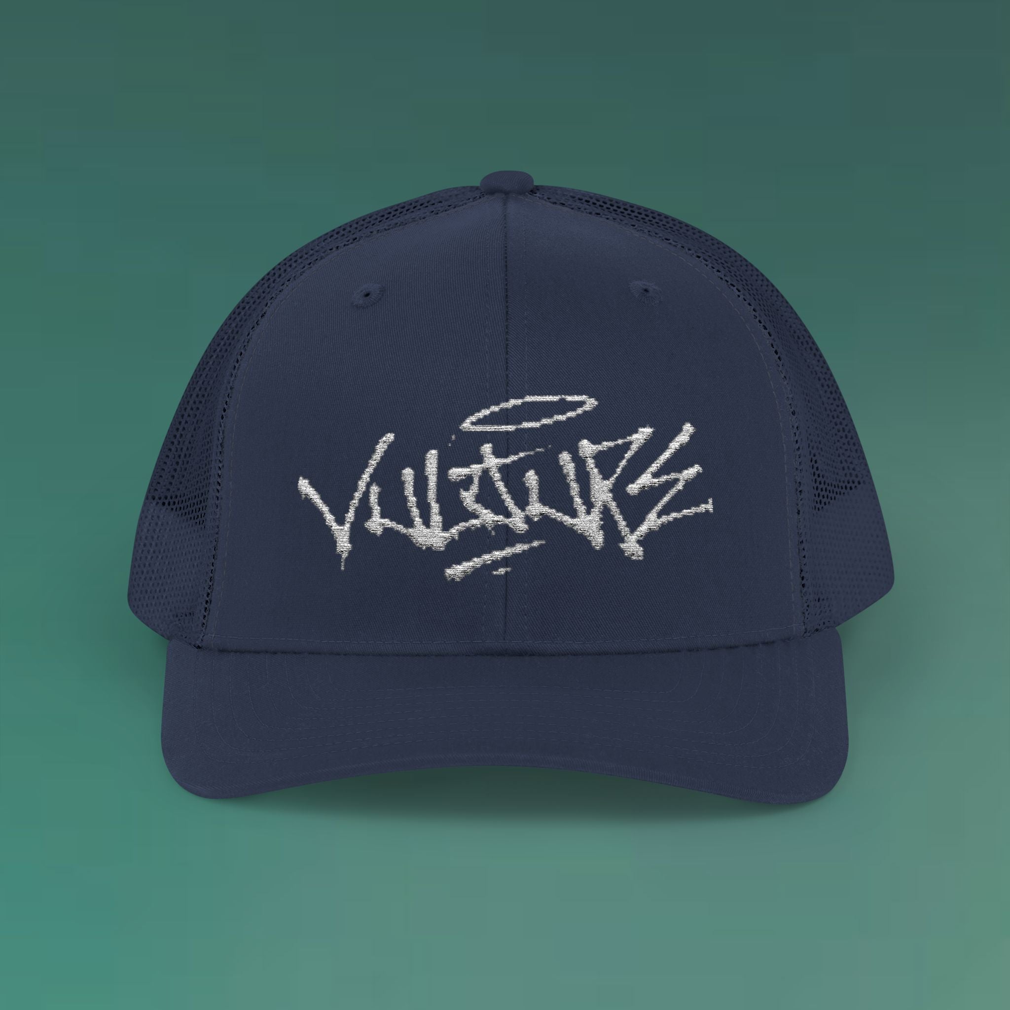 White Trucker Cap with 'Vibrate' Script Embroidery — Retro Mesh Snapback Hat