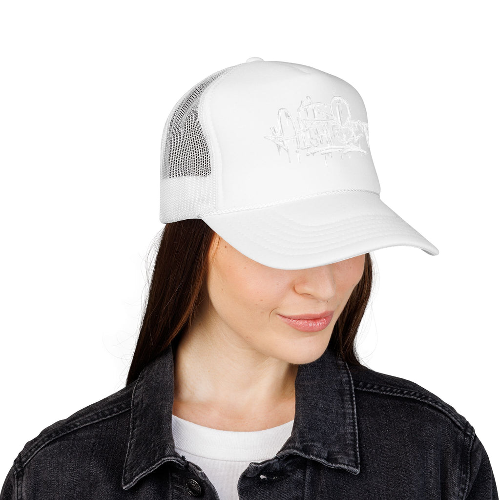 Graffiti Script Trucker Hat — White Drip Logo Foam Cap