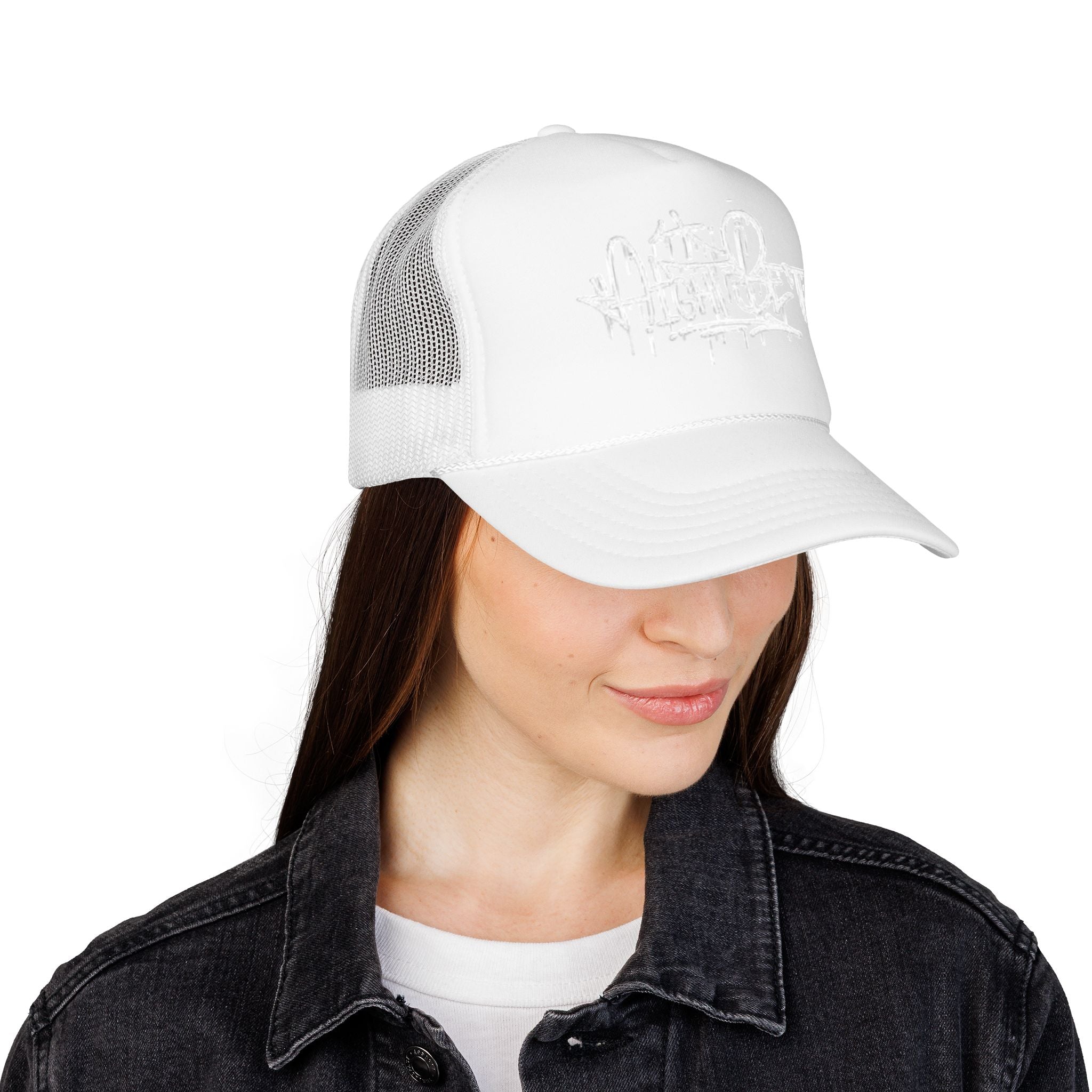 Graffiti Script Trucker Hat — White Drip Logo Foam Cap