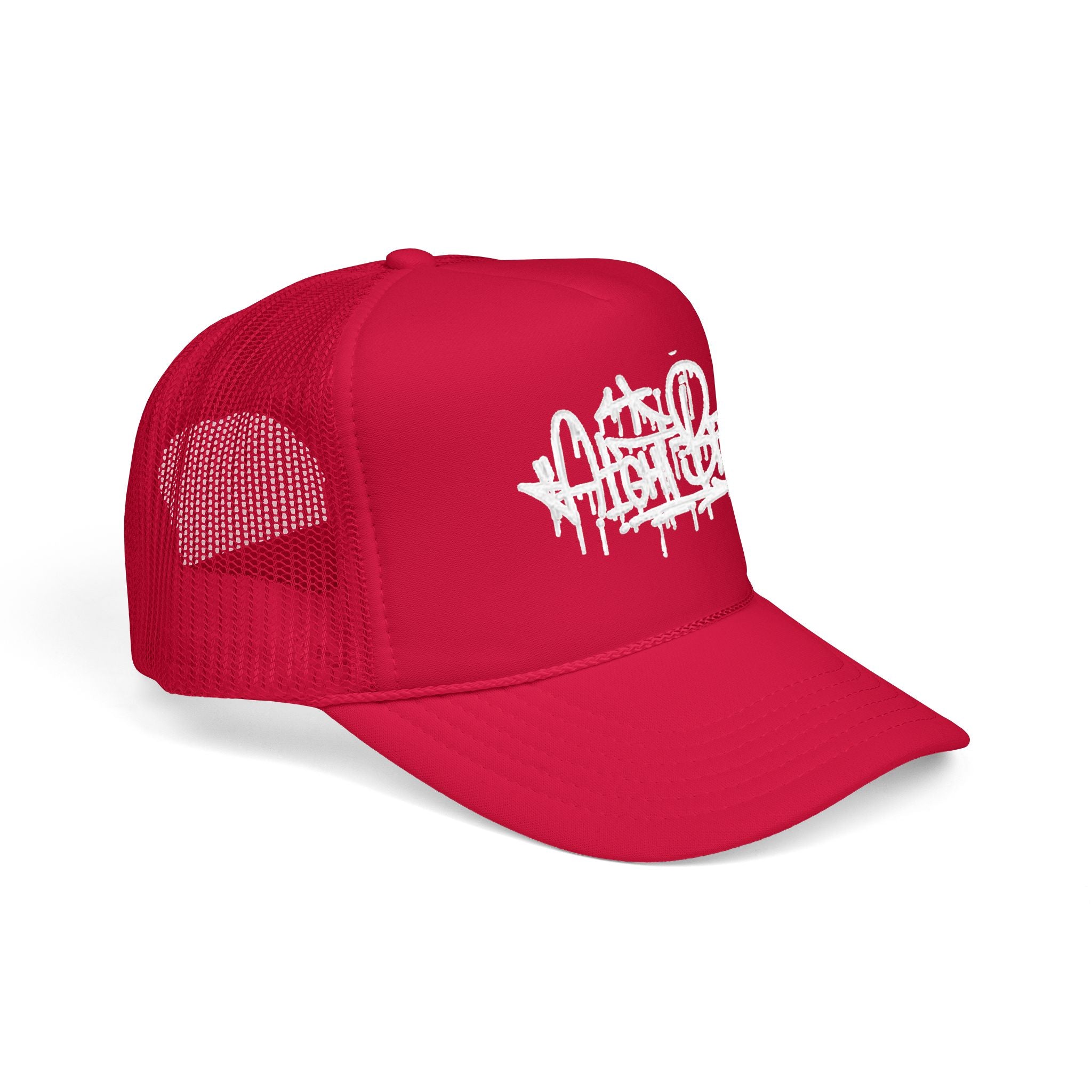 Graffiti Script Trucker Hat — White Drip Logo Foam Cap