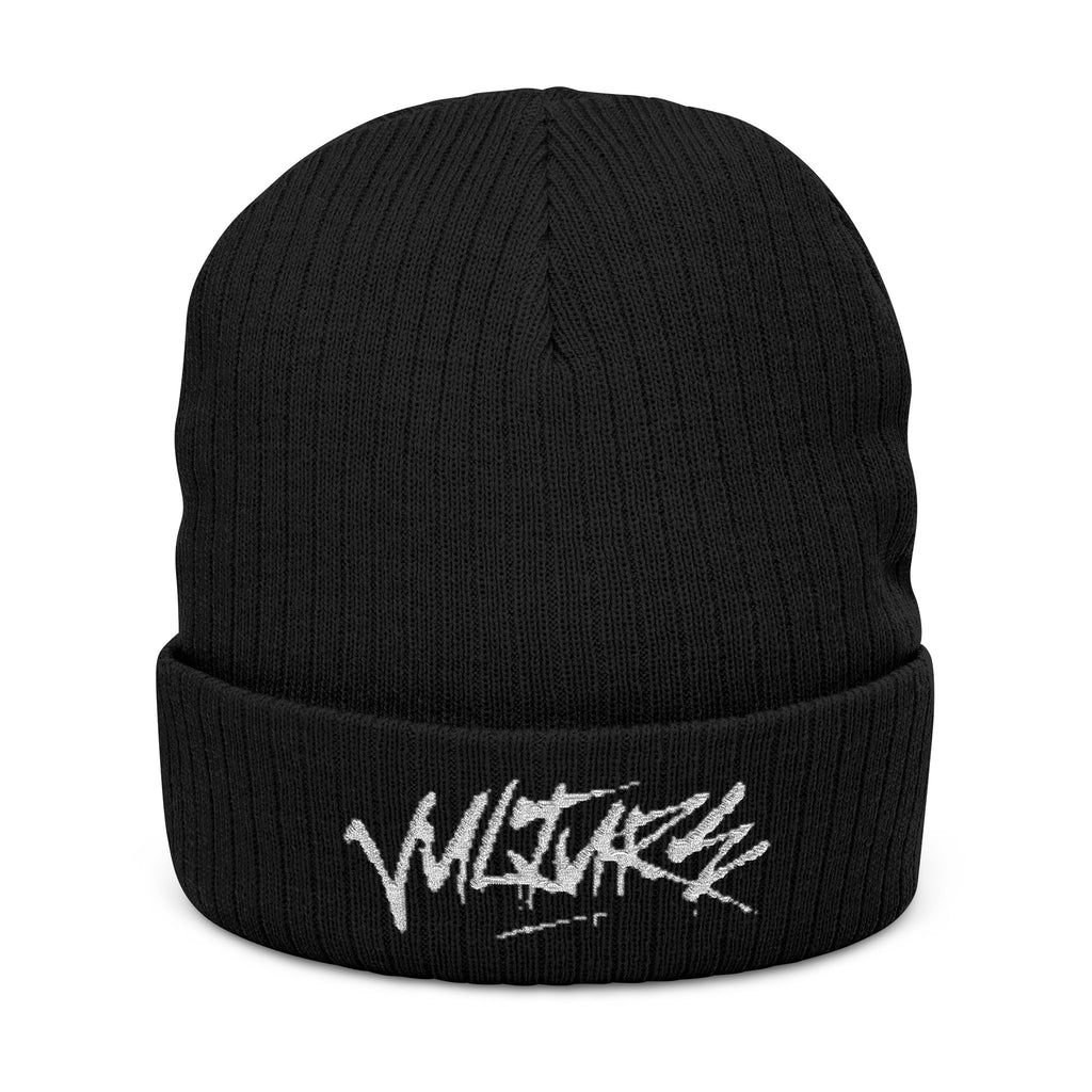 Embroidered Ribbed Beanie — Streetwear Black Knit Hat with White Graffiti Text