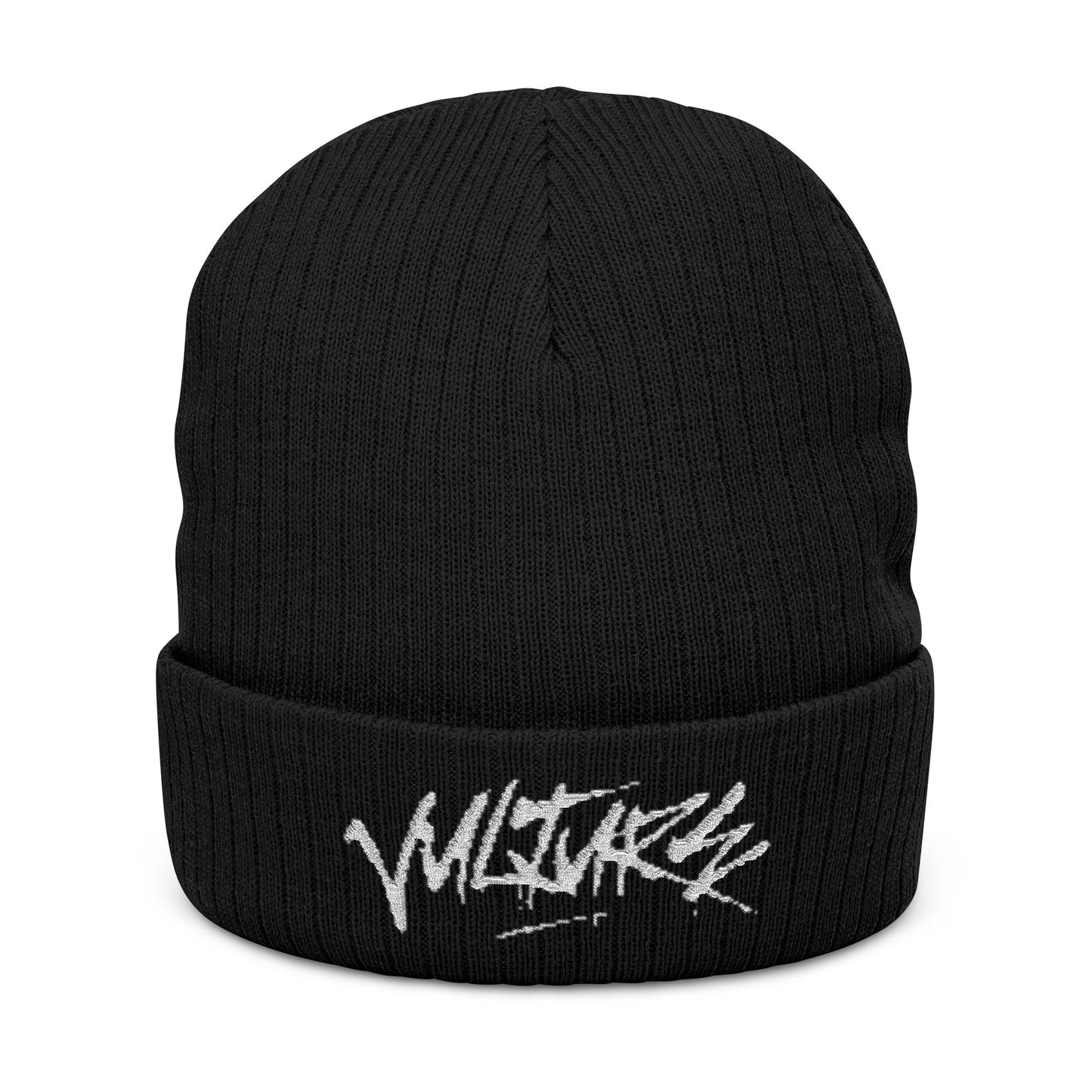 Embroidered Ribbed Beanie — Streetwear Black Knit Hat with White Graffiti Text