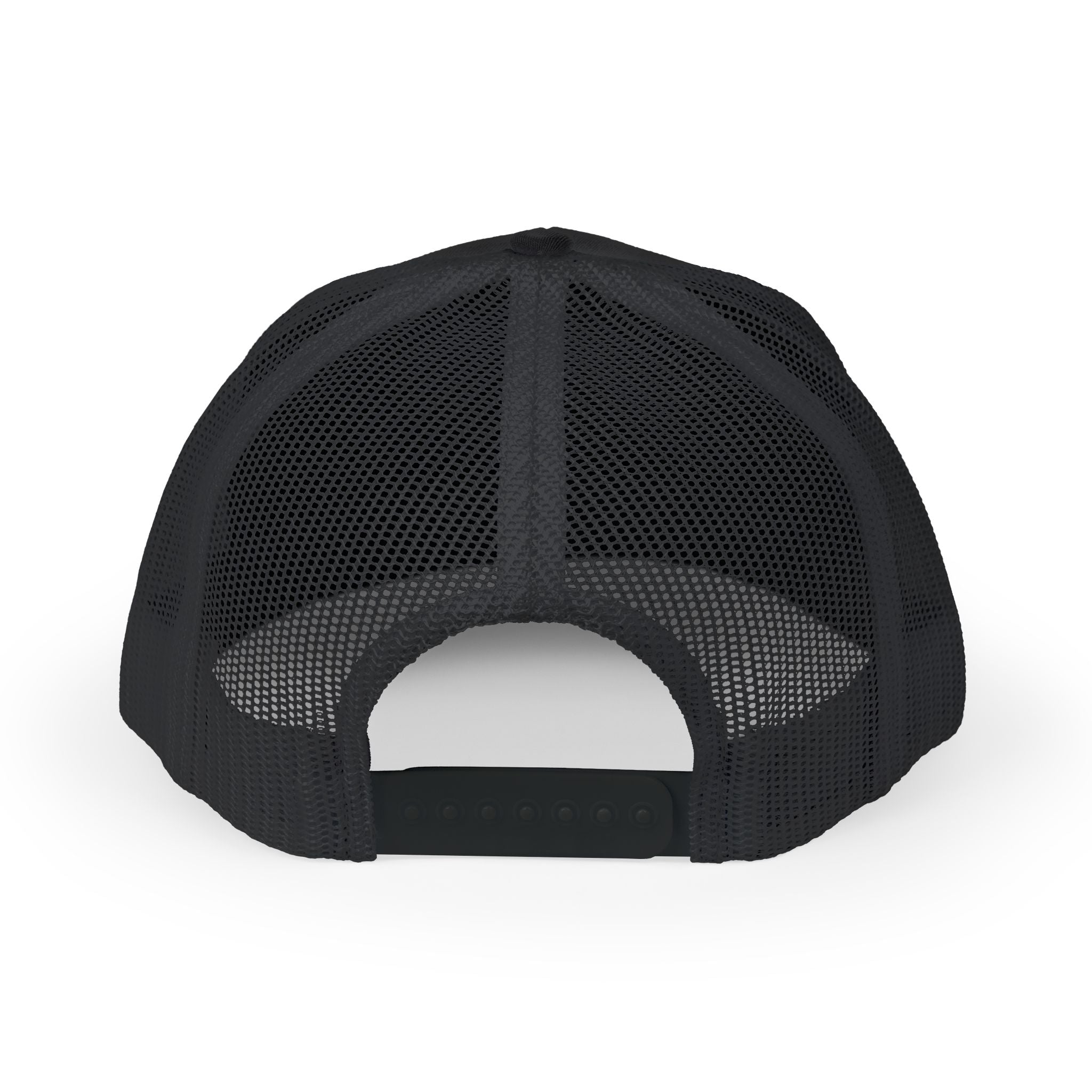 White Trucker Cap with 'Vibrate' Script Embroidery — Retro Mesh Snapback Hat