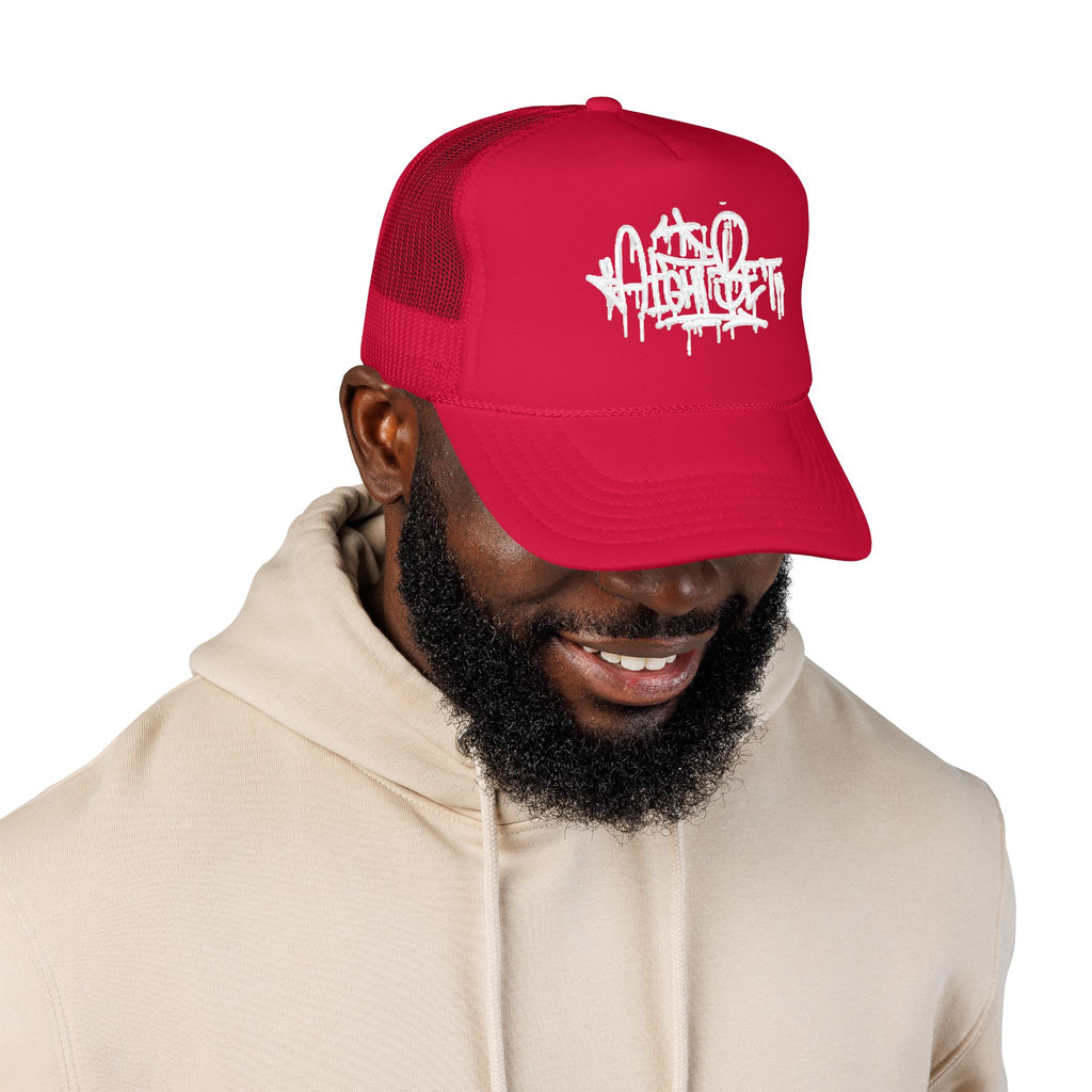 Graffiti Script Trucker Hat — White Drip Logo Foam Cap