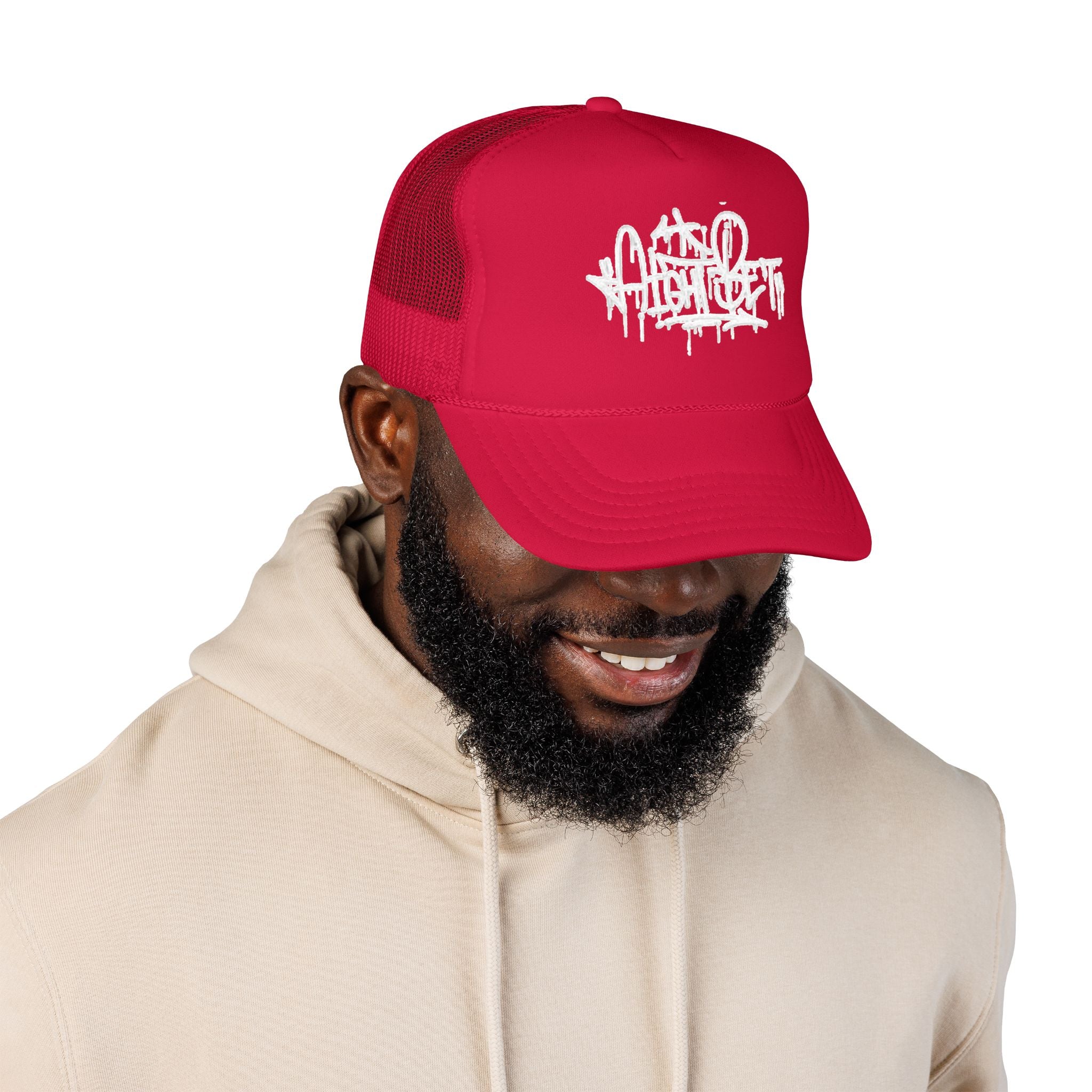 Graffiti Script Trucker Hat — White Drip Logo Foam Cap