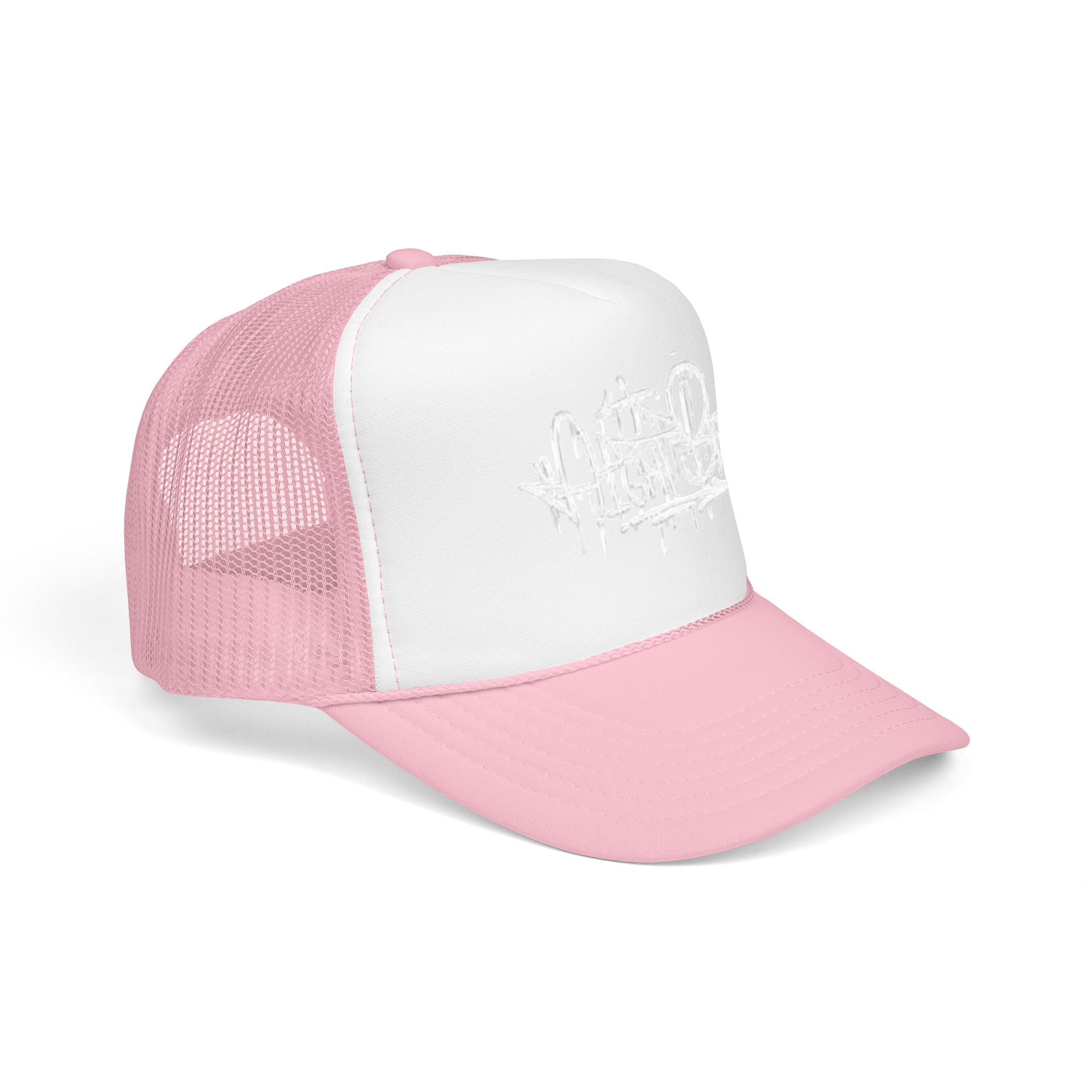 Graffiti Script Trucker Hat — White Drip Logo Foam Cap
