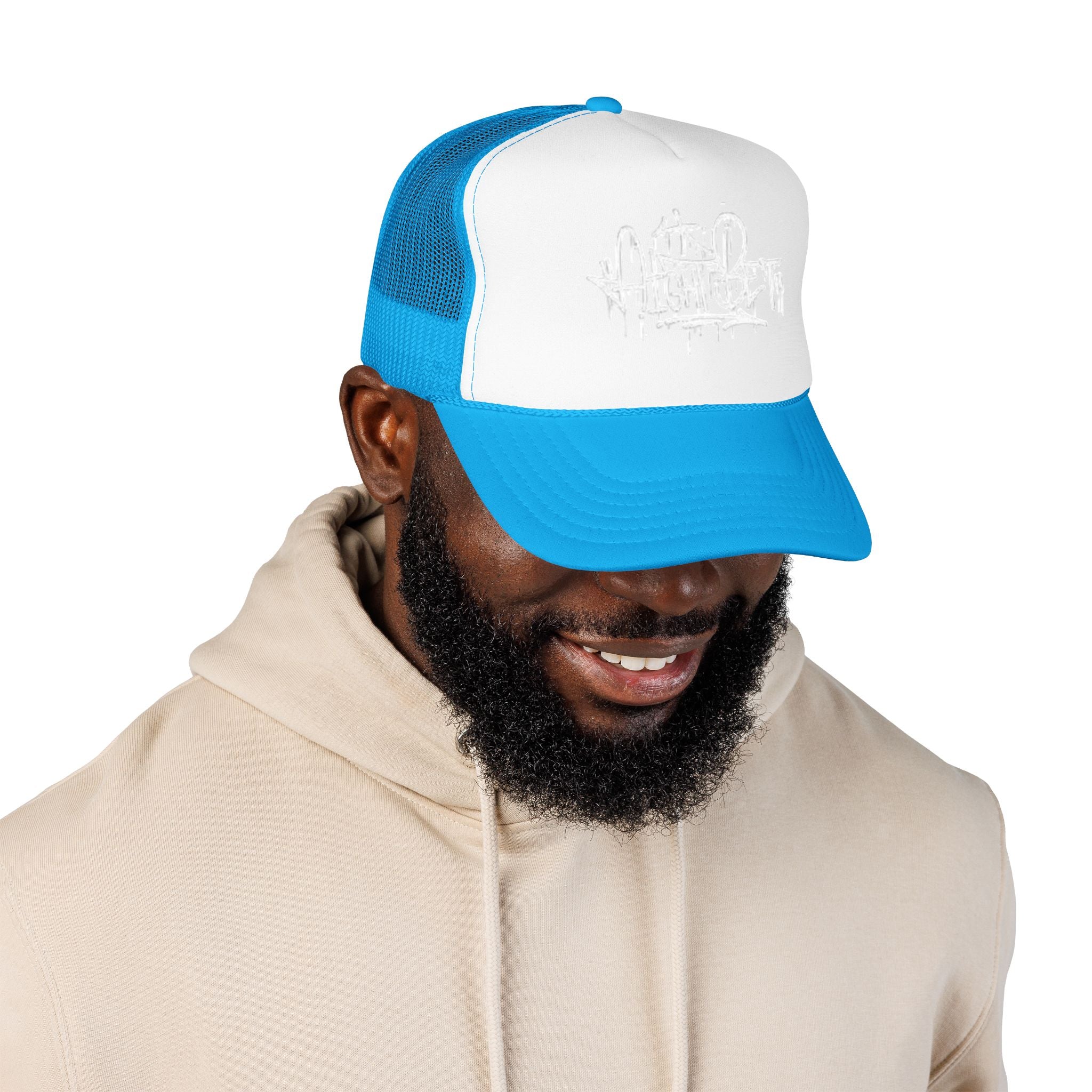 Graffiti Script Trucker Hat — White Drip Logo Foam Cap