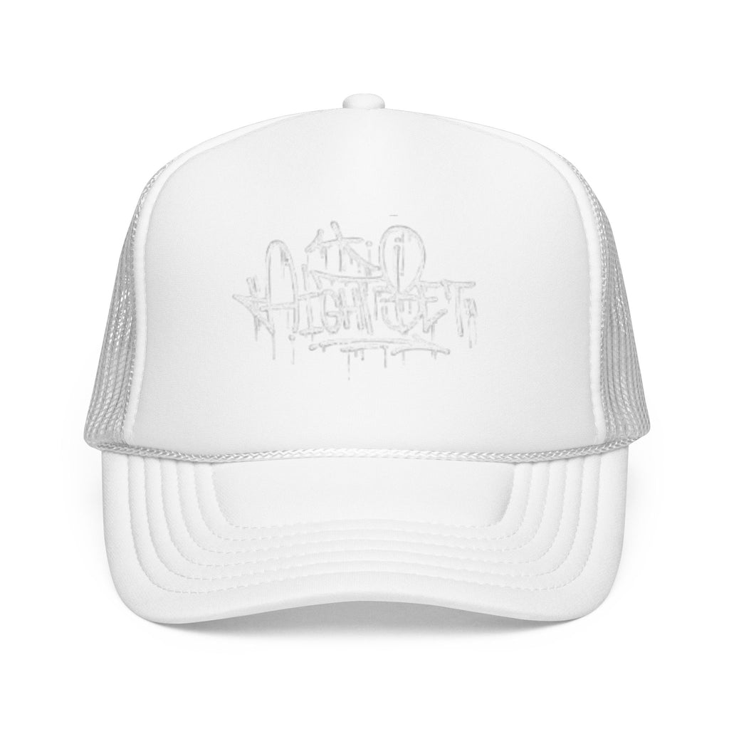 Graffiti Script Trucker Hat — White Drip Logo Foam Cap