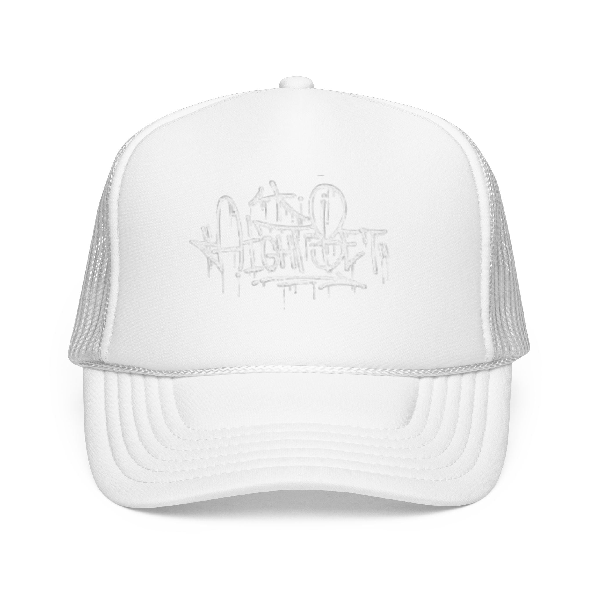Graffiti Script Trucker Hat — White Drip Logo Foam Cap