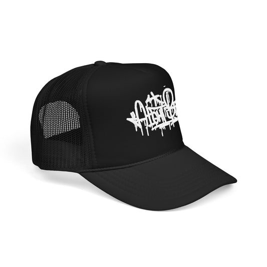 Graffiti Script Trucker Hat — White Drip Logo Foam Cap