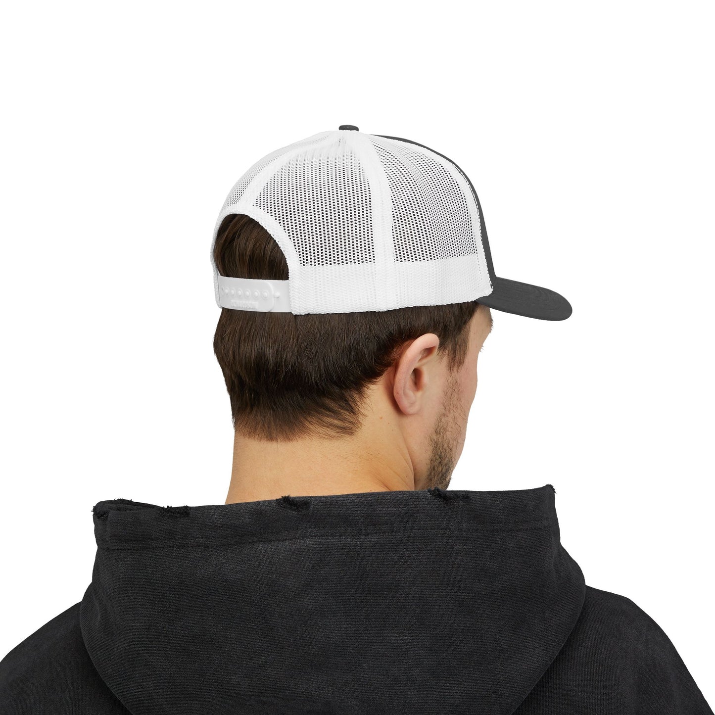 White Trucker Cap with 'Vibrate' Script Embroidery — Retro Mesh Snapback Hat