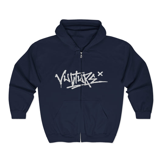 Graffiti Vulture Zip Hoodie — Streetwear Black Full-Zip Hooded Sweatshirt