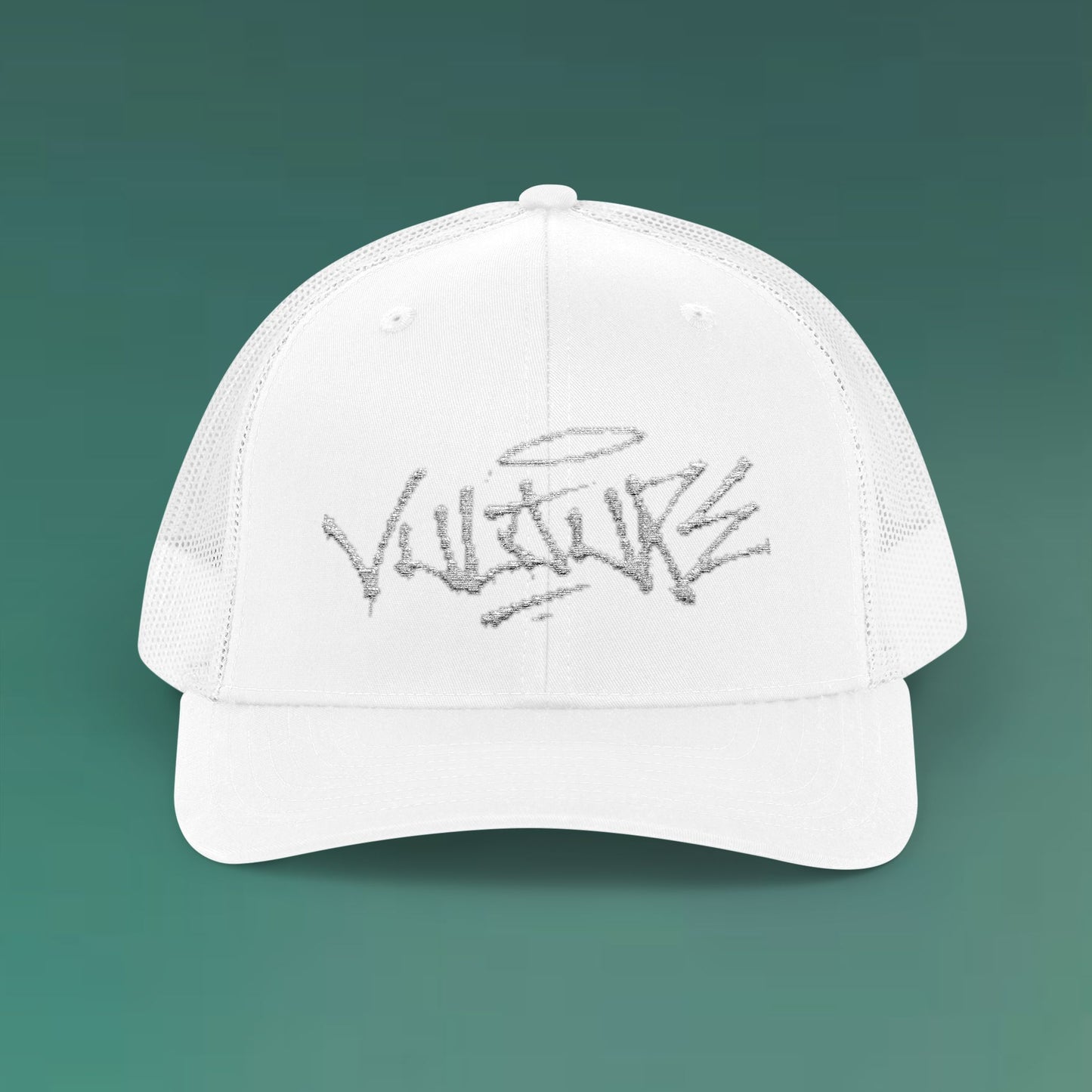 White Trucker Cap with 'Vibrate' Script Embroidery — Retro Mesh Snapback Hat