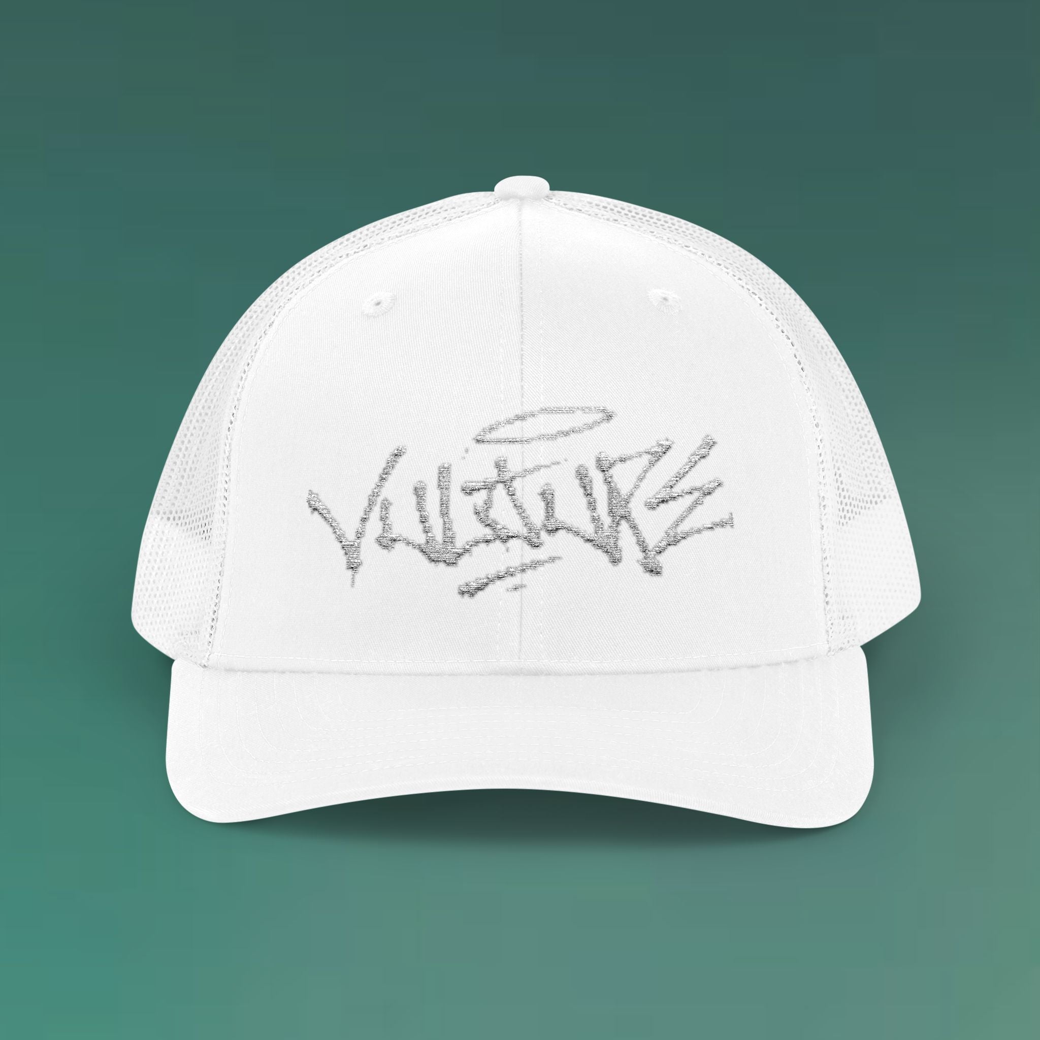 White Trucker Cap with 'Vibrate' Script Embroidery — Retro Mesh Snapback Hat