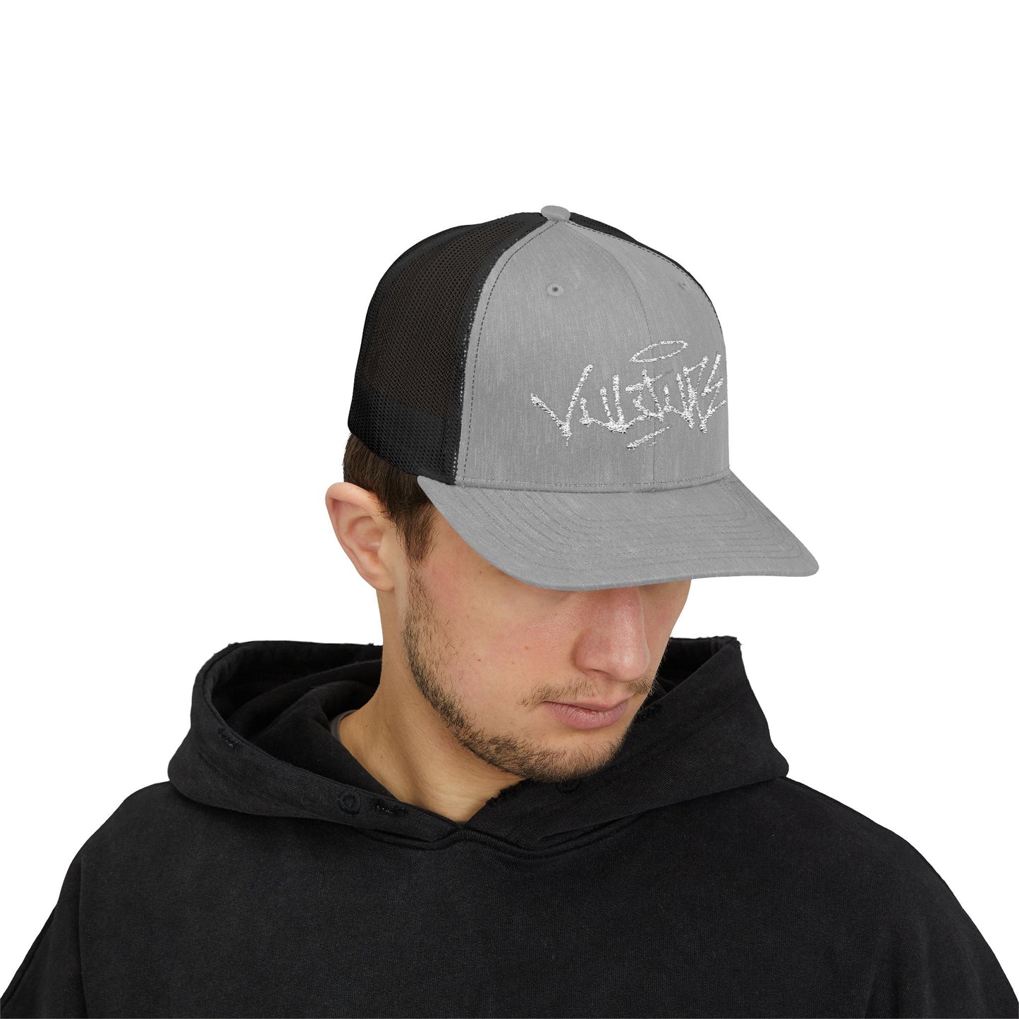 White Trucker Cap with 'Vibrate' Script Embroidery — Retro Mesh Snapback Hat