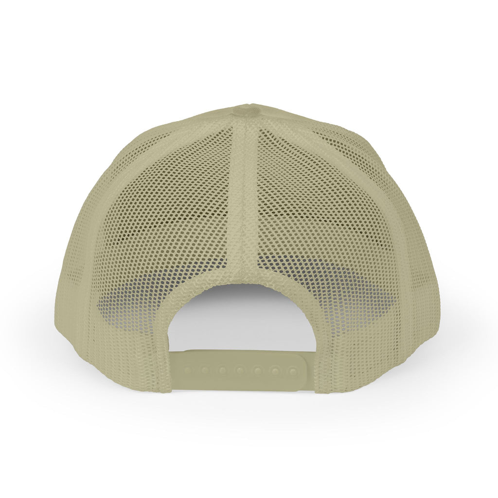 White Trucker Cap with 'Vibrate' Script Embroidery — Retro Mesh Snapback Hat