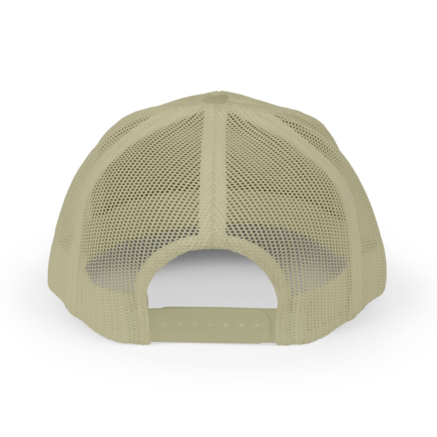 White Trucker Cap with 'Vibrate' Script Embroidery — Retro Mesh Snapback Hat
