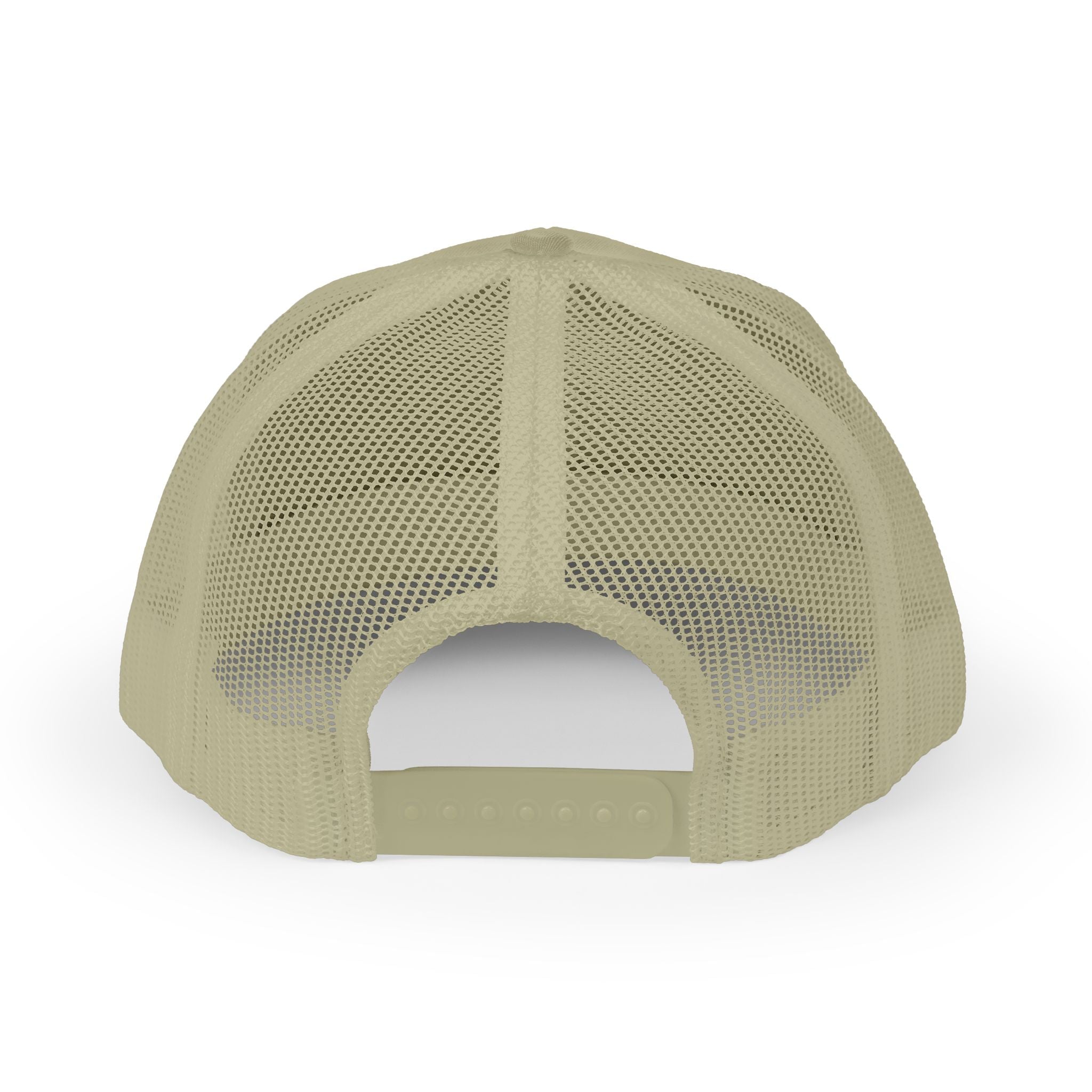 White Trucker Cap with 'Vibrate' Script Embroidery — Retro Mesh Snapback Hat