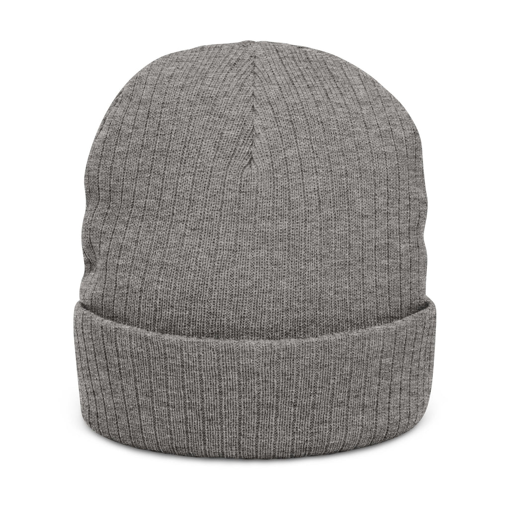 Embroidered Ribbed Beanie — Streetwear Black Knit Hat with White Graffiti Text