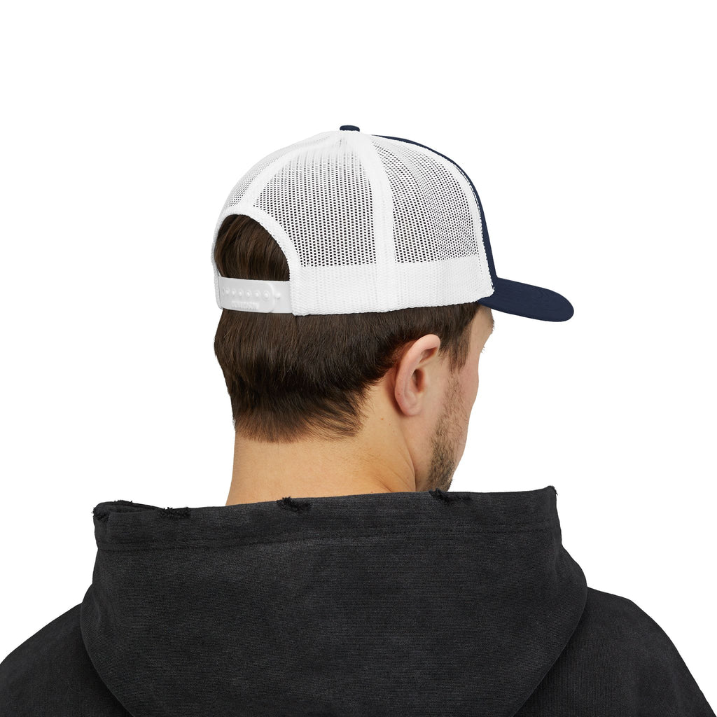 White Trucker Cap with 'Vibrate' Script Embroidery — Retro Mesh Snapback Hat