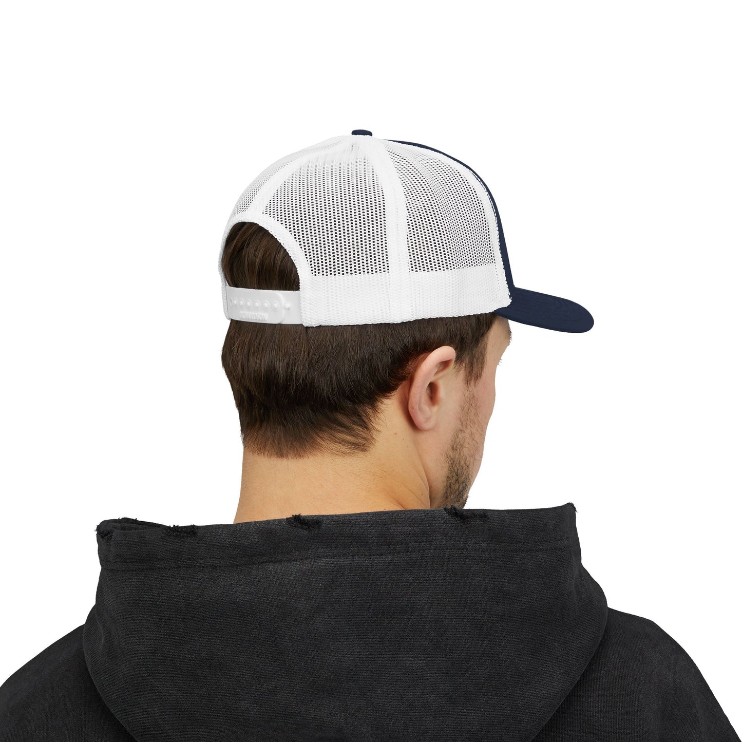 White Trucker Cap with 'Vibrate' Script Embroidery — Retro Mesh Snapback Hat