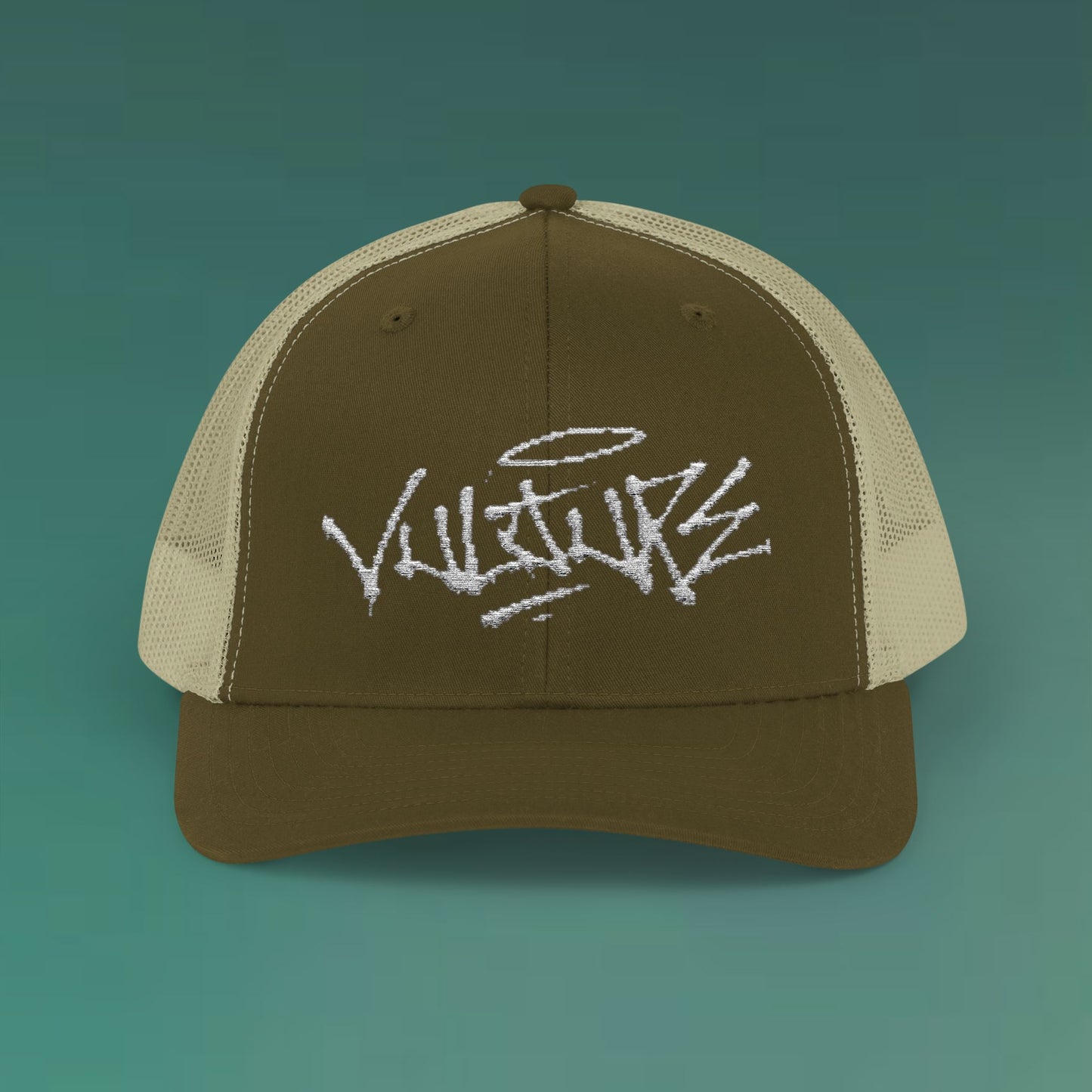 White Trucker Cap with 'Vibrate' Script Embroidery — Retro Mesh Snapback Hat