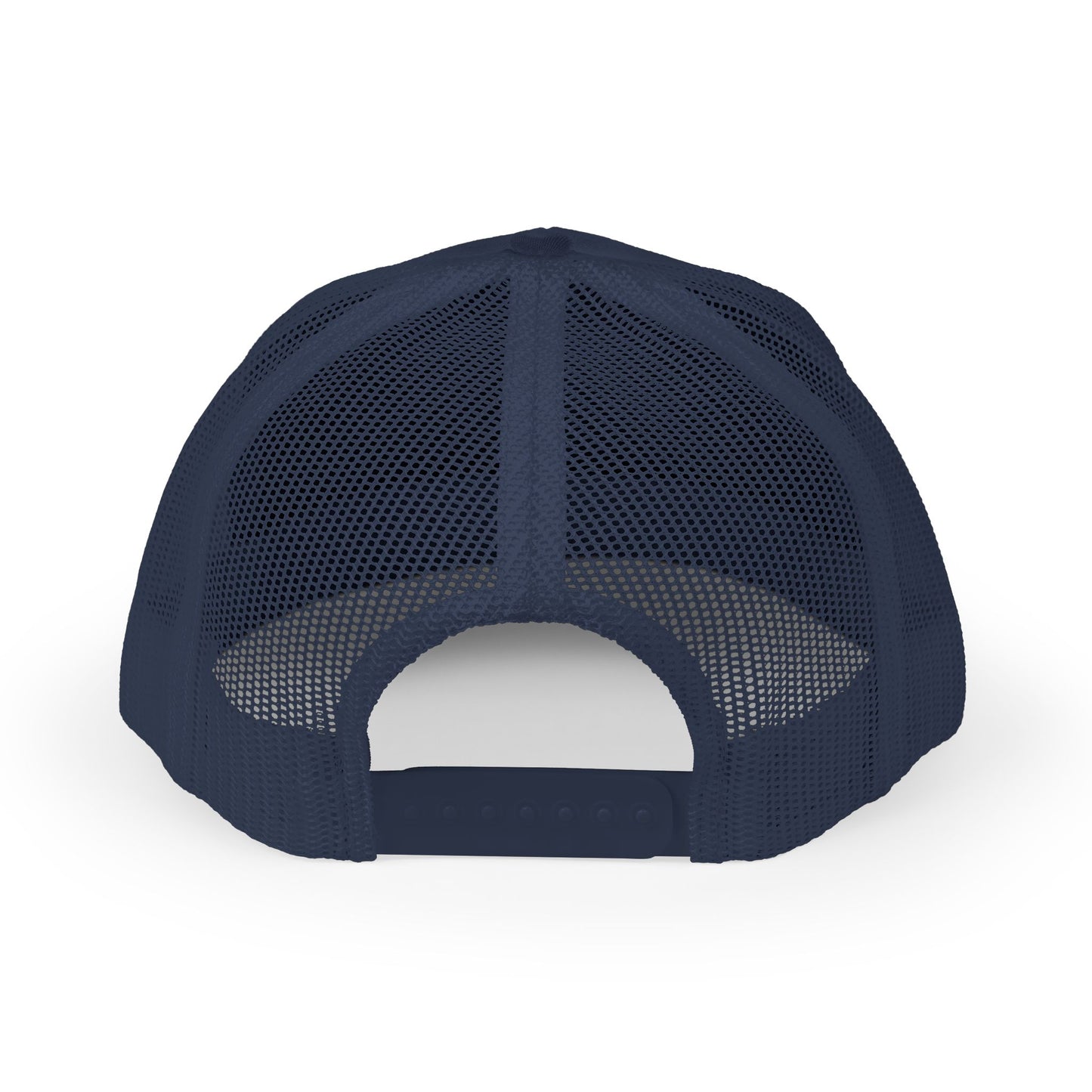 White Trucker Cap with 'Vibrate' Script Embroidery — Retro Mesh Snapback Hat