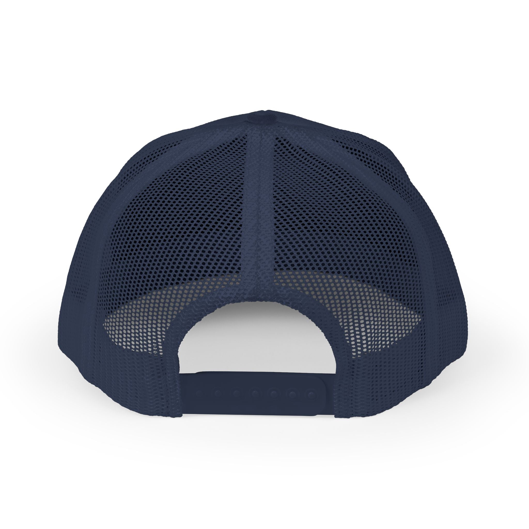 White Trucker Cap with 'Vibrate' Script Embroidery — Retro Mesh Snapback Hat