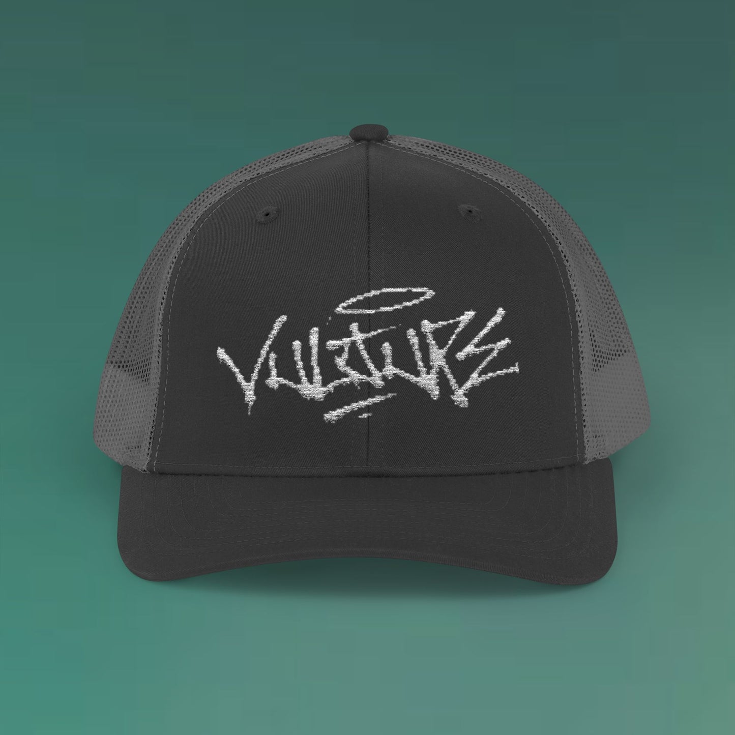 White Trucker Cap with 'Vibrate' Script Embroidery — Retro Mesh Snapback Hat