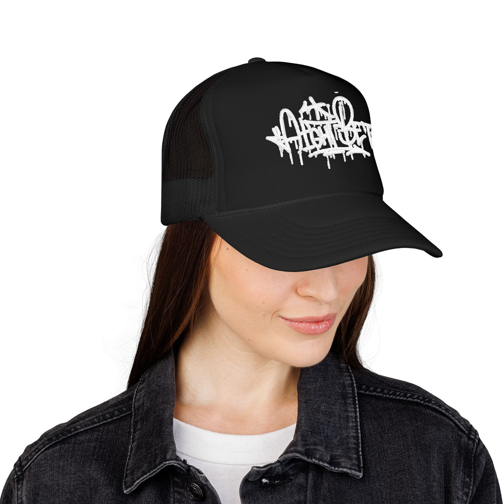 Graffiti Script Trucker Hat — White Drip Logo Foam Cap