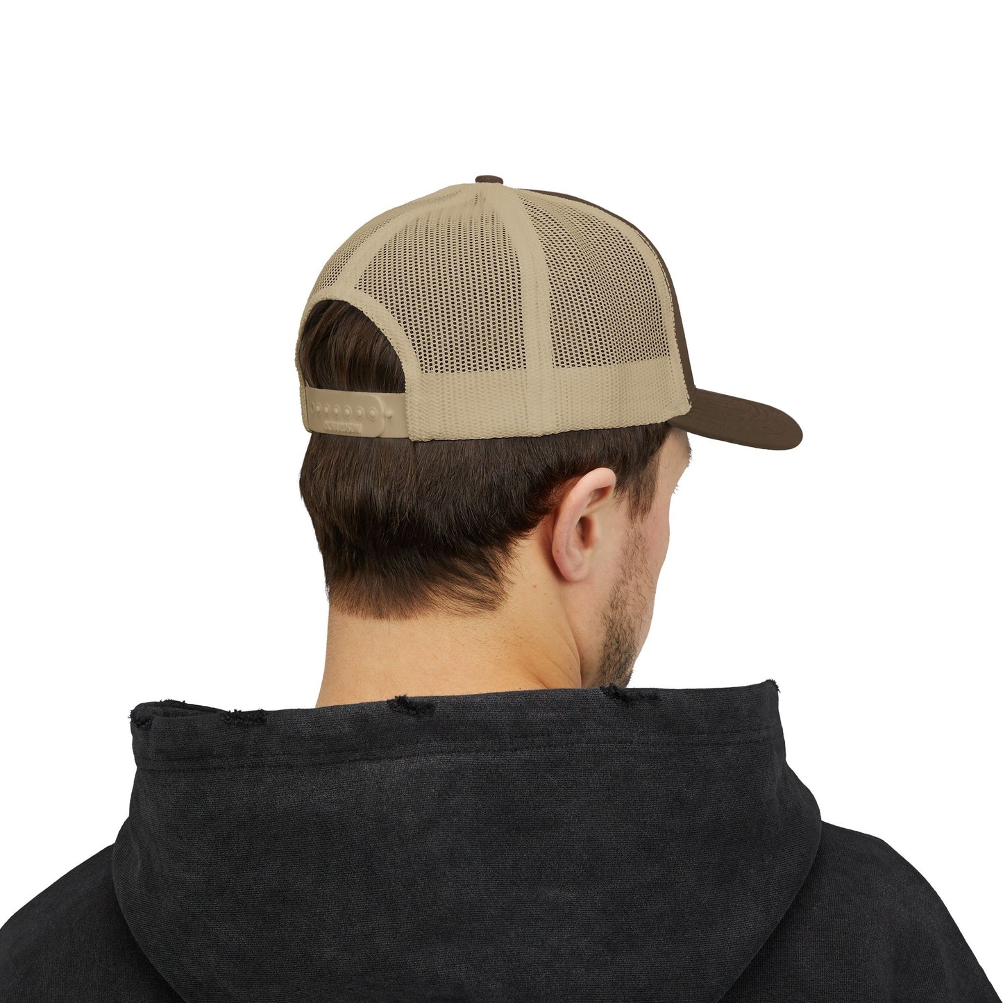 White Trucker Cap with 'Vibrate' Script Embroidery — Retro Mesh Snapback Hat
