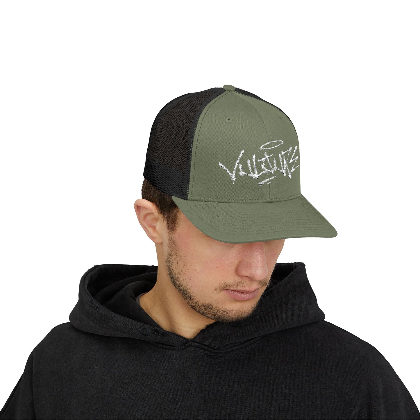 White Trucker Cap with 'Vibrate' Script Embroidery — Retro Mesh Snapback Hat