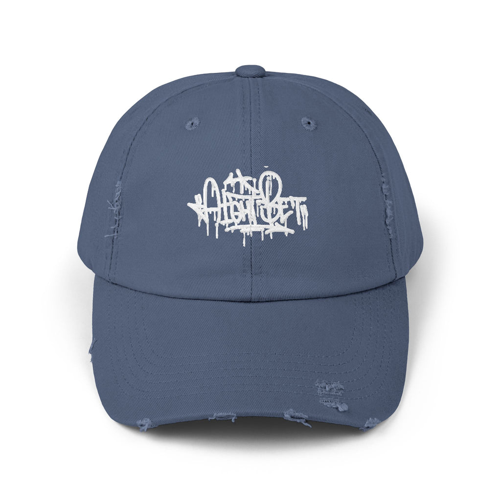 Distressed Black Cap with White Graffiti Logo – Urban Streetwear Hat