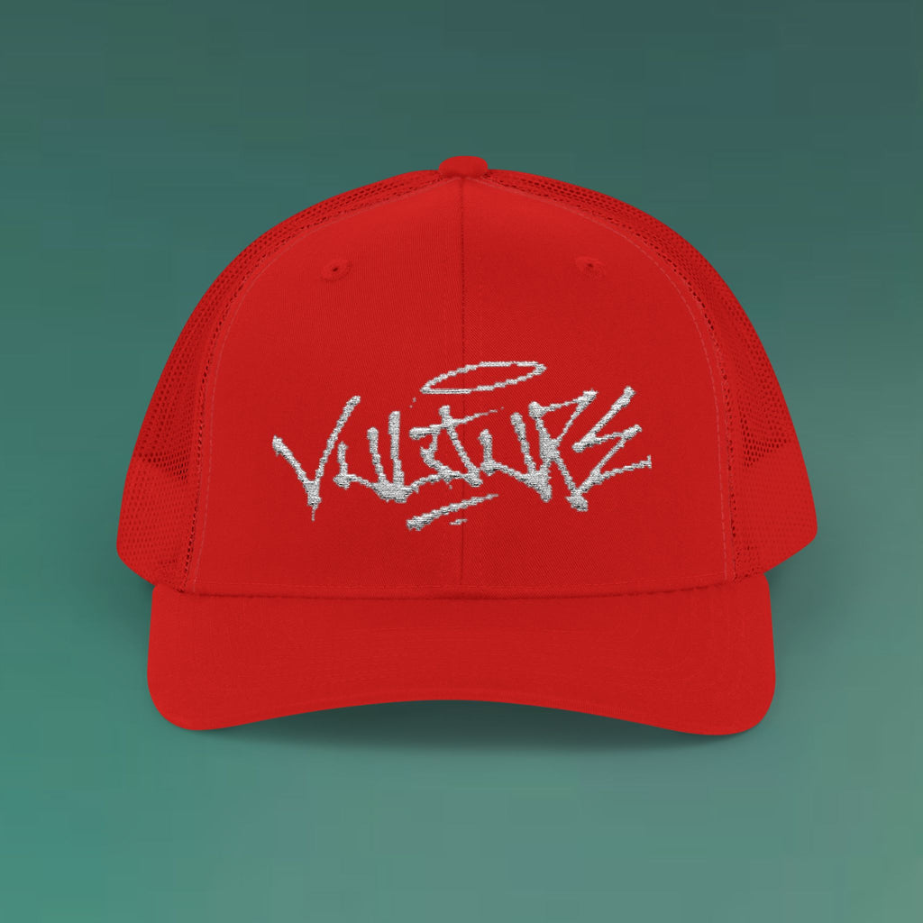 White Trucker Cap with 'Vibrate' Script Embroidery — Retro Mesh Snapback Hat