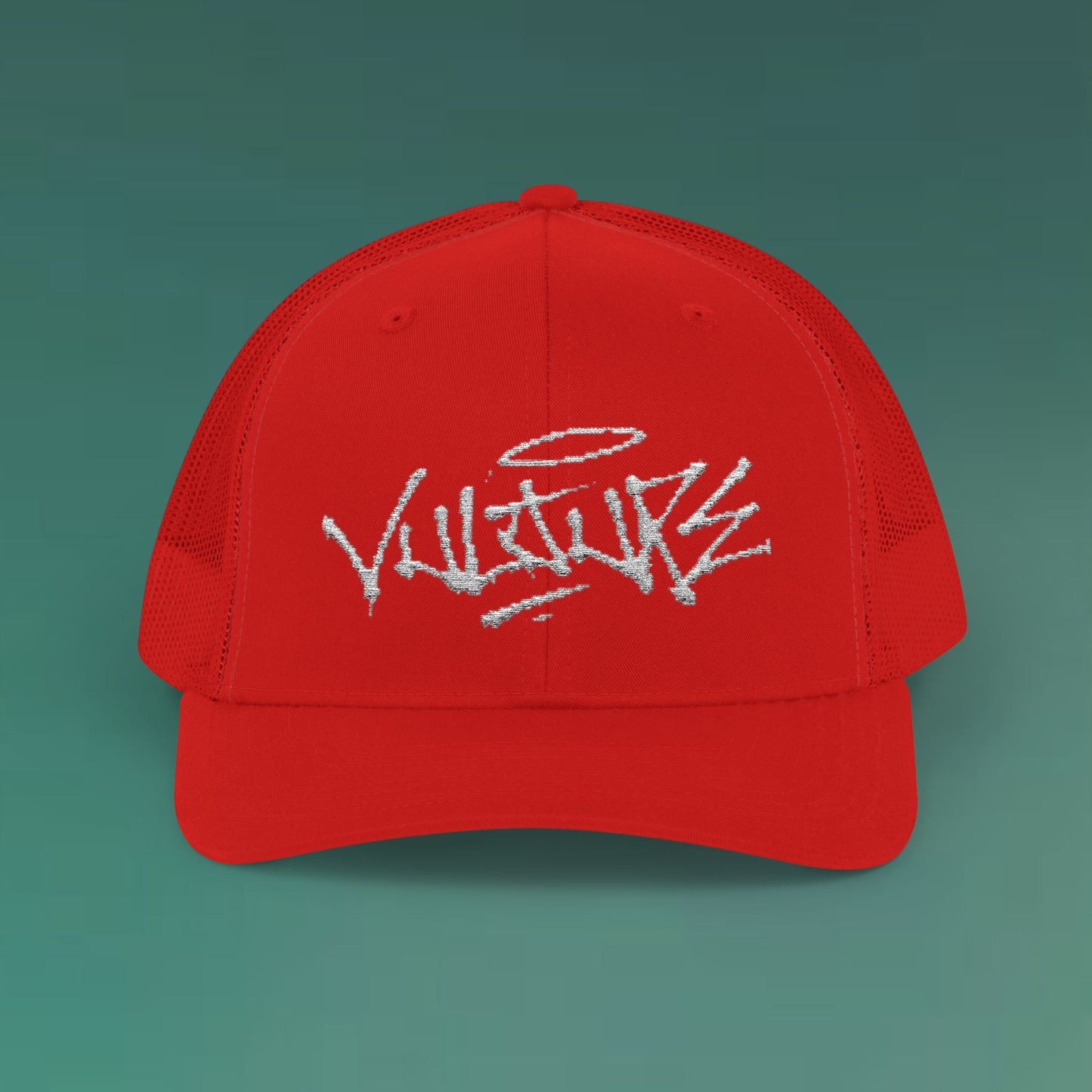 White Trucker Cap with 'Vibrate' Script Embroidery — Retro Mesh Snapback Hat