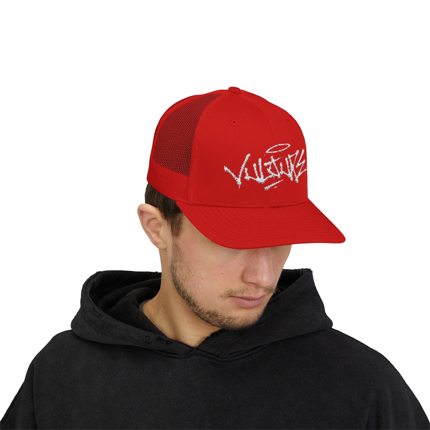 White Trucker Cap with 'Vibrate' Script Embroidery — Retro Mesh Snapback Hat