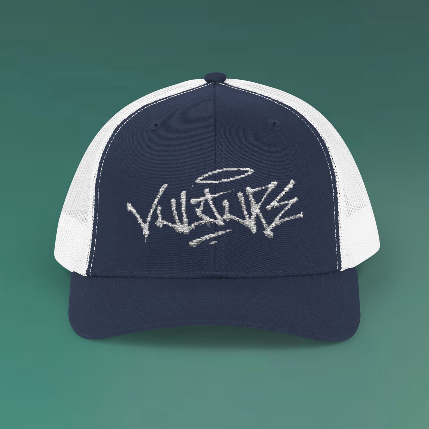 White Trucker Cap with 'Vibrate' Script Embroidery — Retro Mesh Snapback Hat