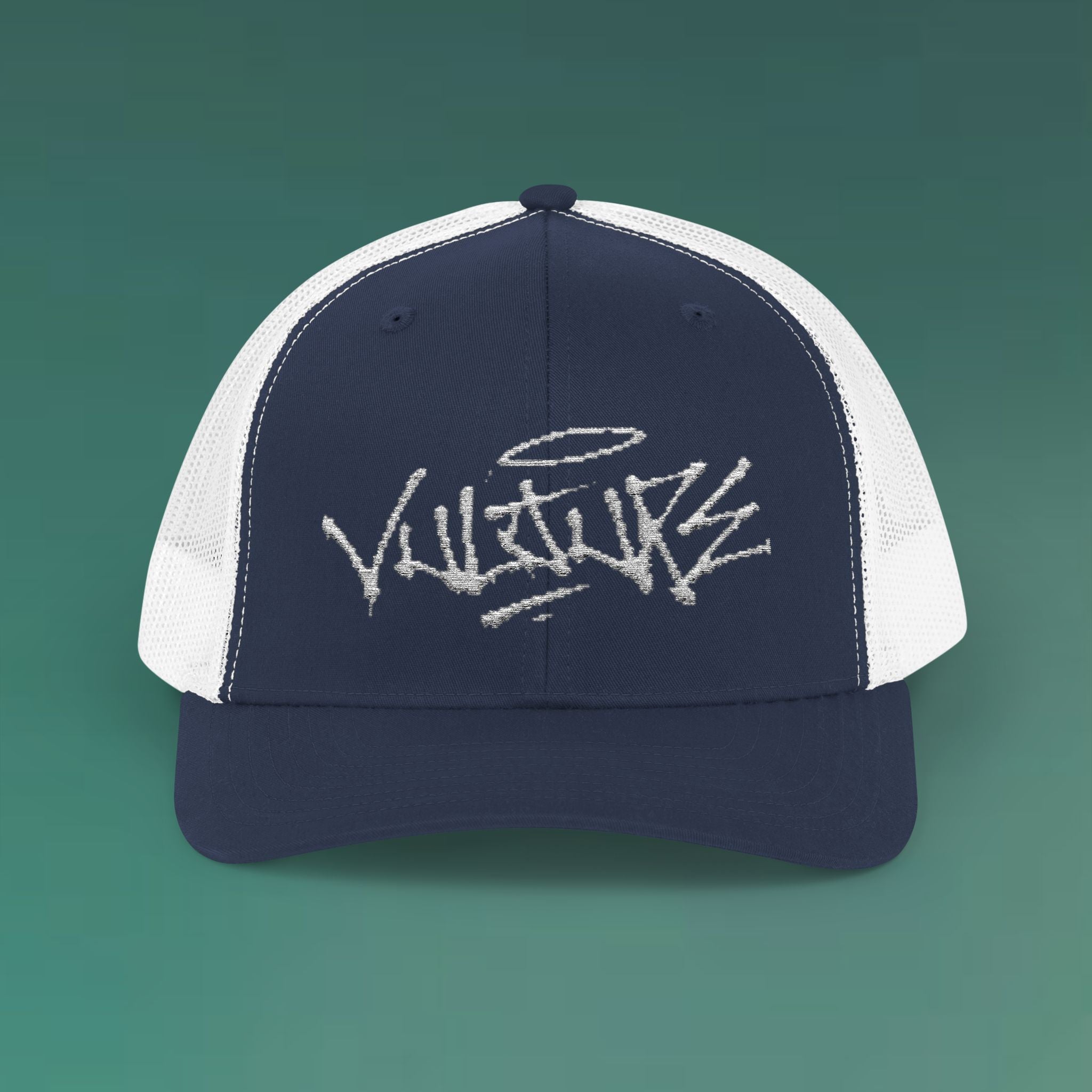 White Trucker Cap with 'Vibrate' Script Embroidery — Retro Mesh Snapback Hat