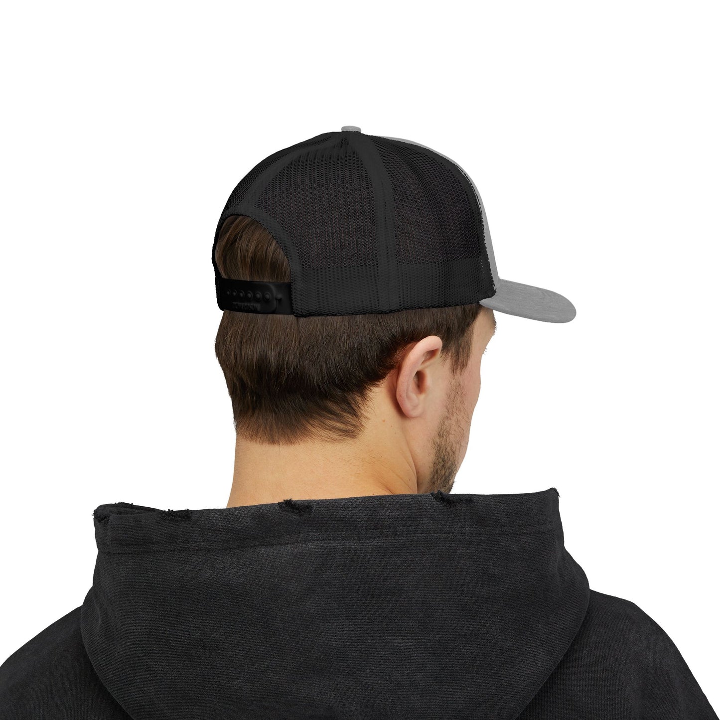 White Trucker Cap with 'Vibrate' Script Embroidery — Retro Mesh Snapback Hat