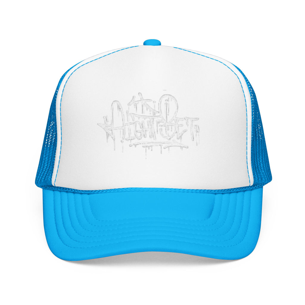 Graffiti Script Trucker Hat — White Drip Logo Foam Cap