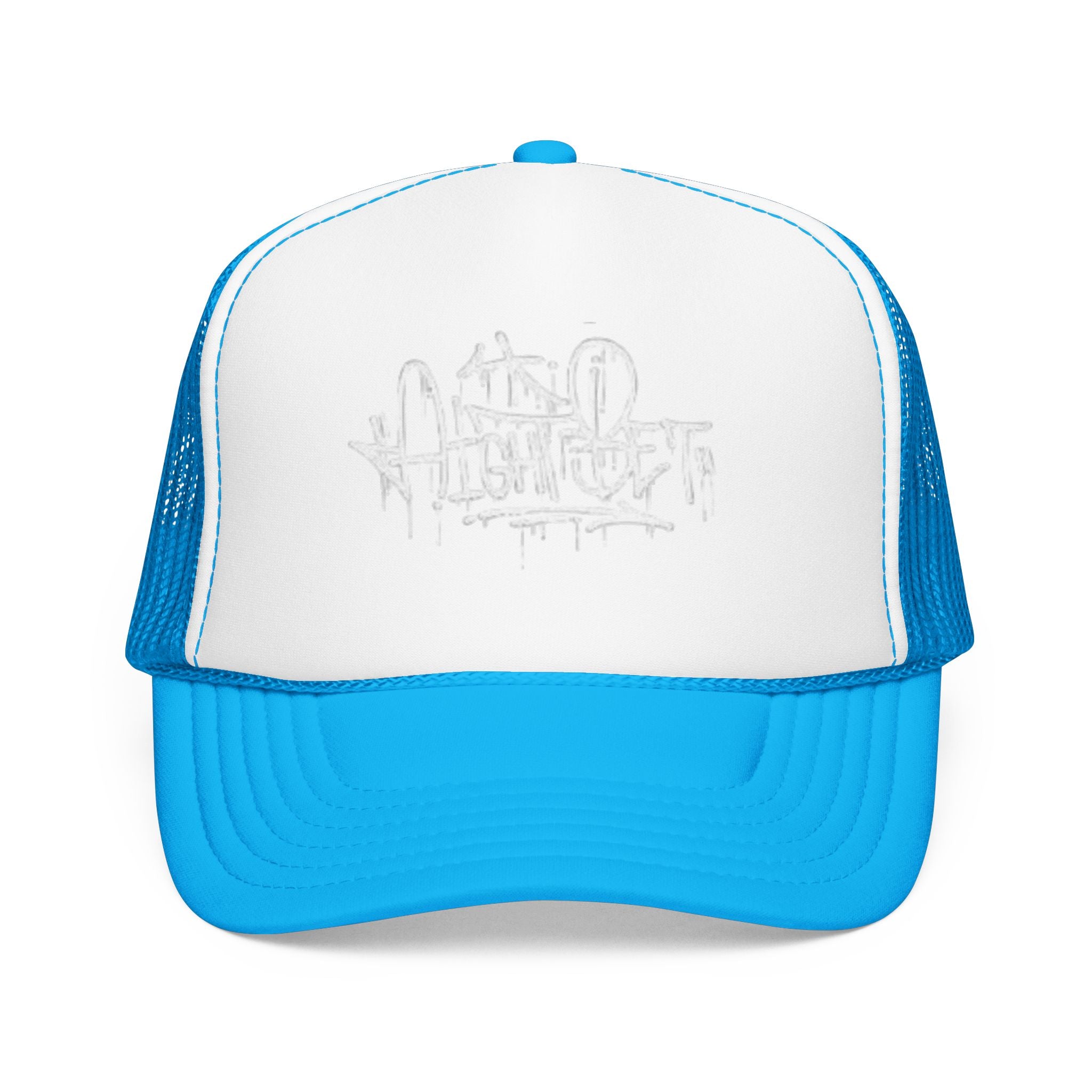 Graffiti Script Trucker Hat — White Drip Logo Foam Cap