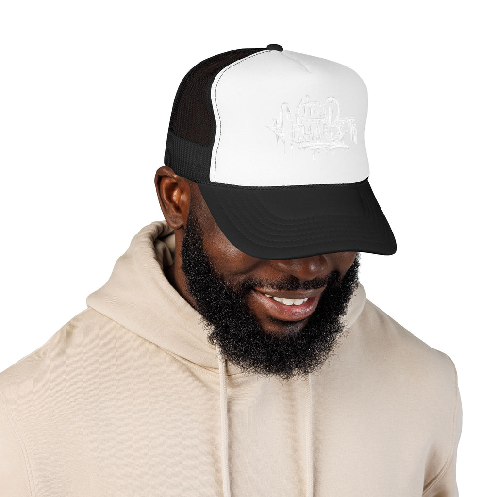 Graffiti Script Trucker Hat — White Drip Logo Foam Cap